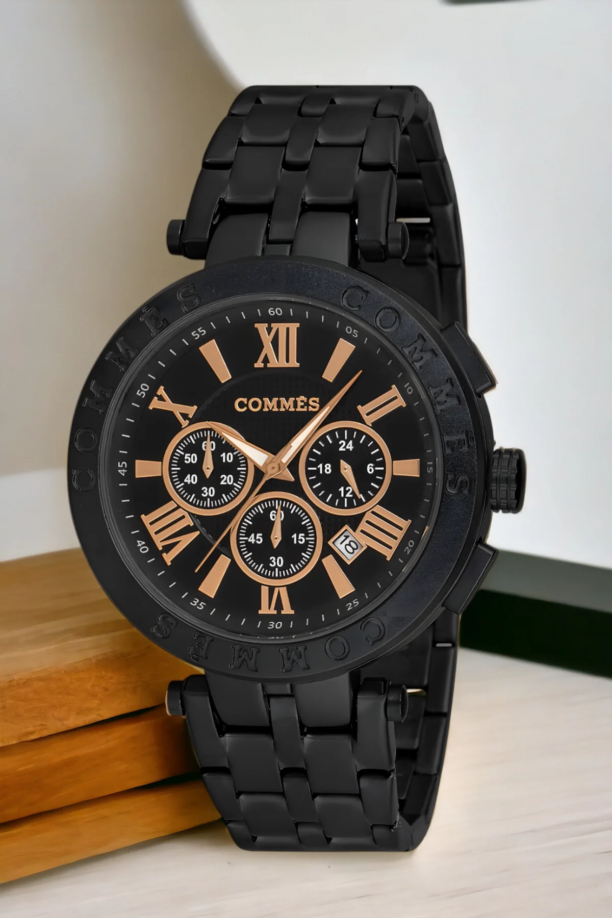 Commes Çelik Kordon Erkek Kol Saati Full Fonksiyon Crono Siyah-Rose Renk+Bileklik zmcms031