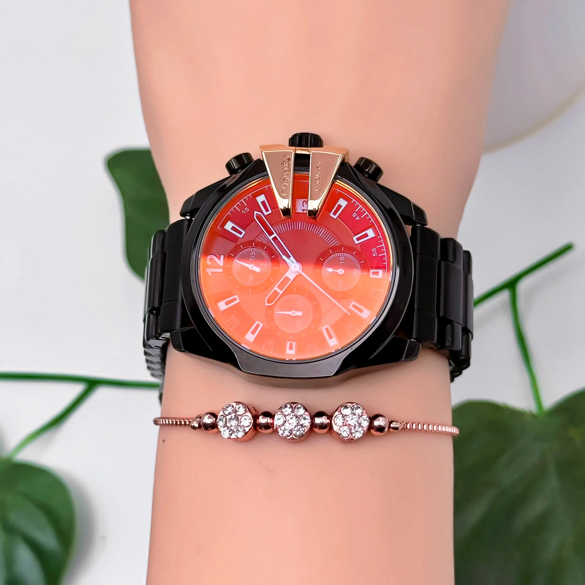 Commes Çelik Kordon&Kasa Kadın Kol Saati Renkli Mineral Cam 3 Atm Su Geçirmez Siyah-Rose zmcms037