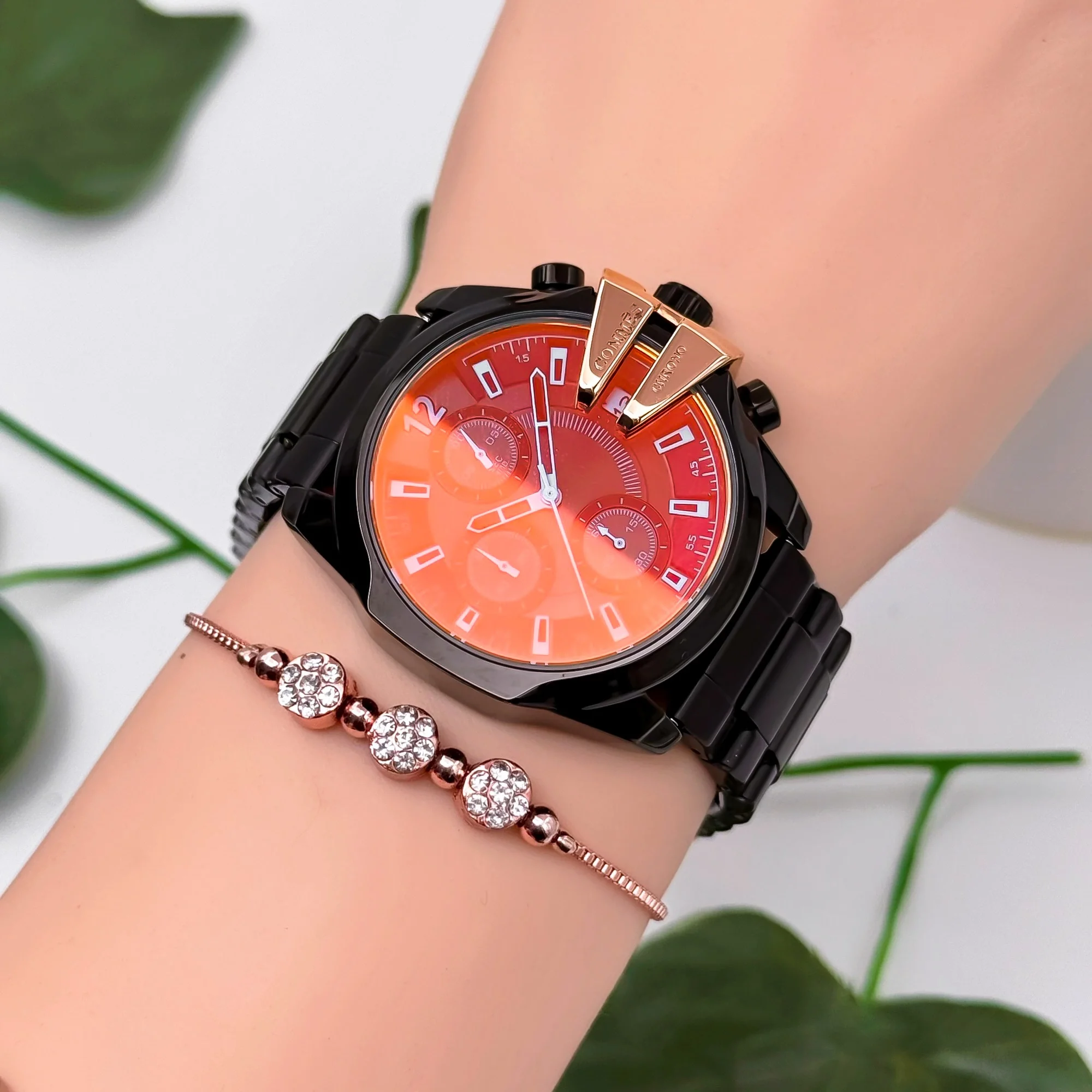 Commes Çelik Kordon&Kasa Kadın Kol Saati Renkli Mineral Cam 3 Atm Su Geçirmez Siyah-Rose zmcms037