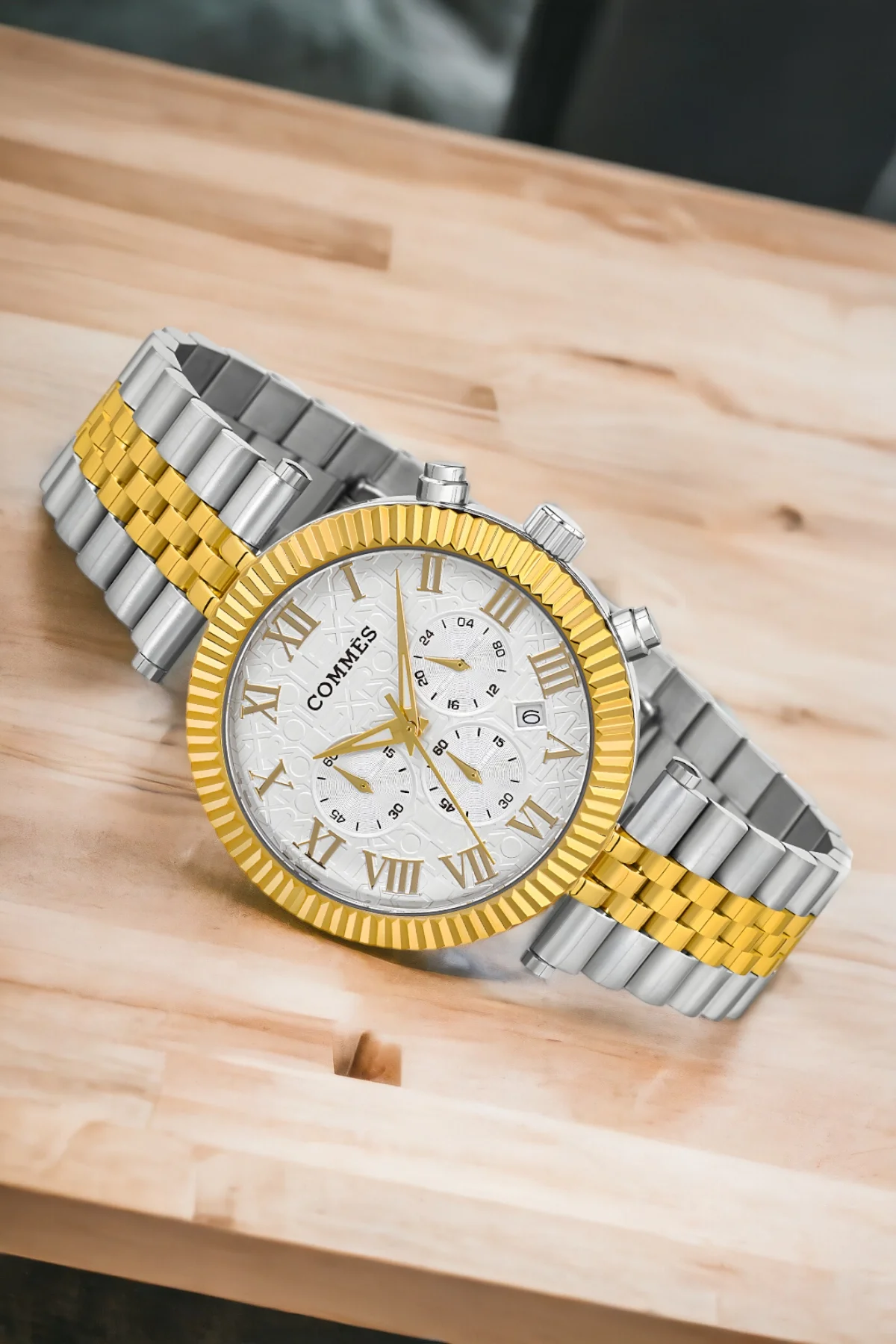 Commes Gümüş-Gold-Beyaz Renk Crono Çelik Kordon Erkek Kol Saati Full Fonksiyon+Bileklik zmcms036
