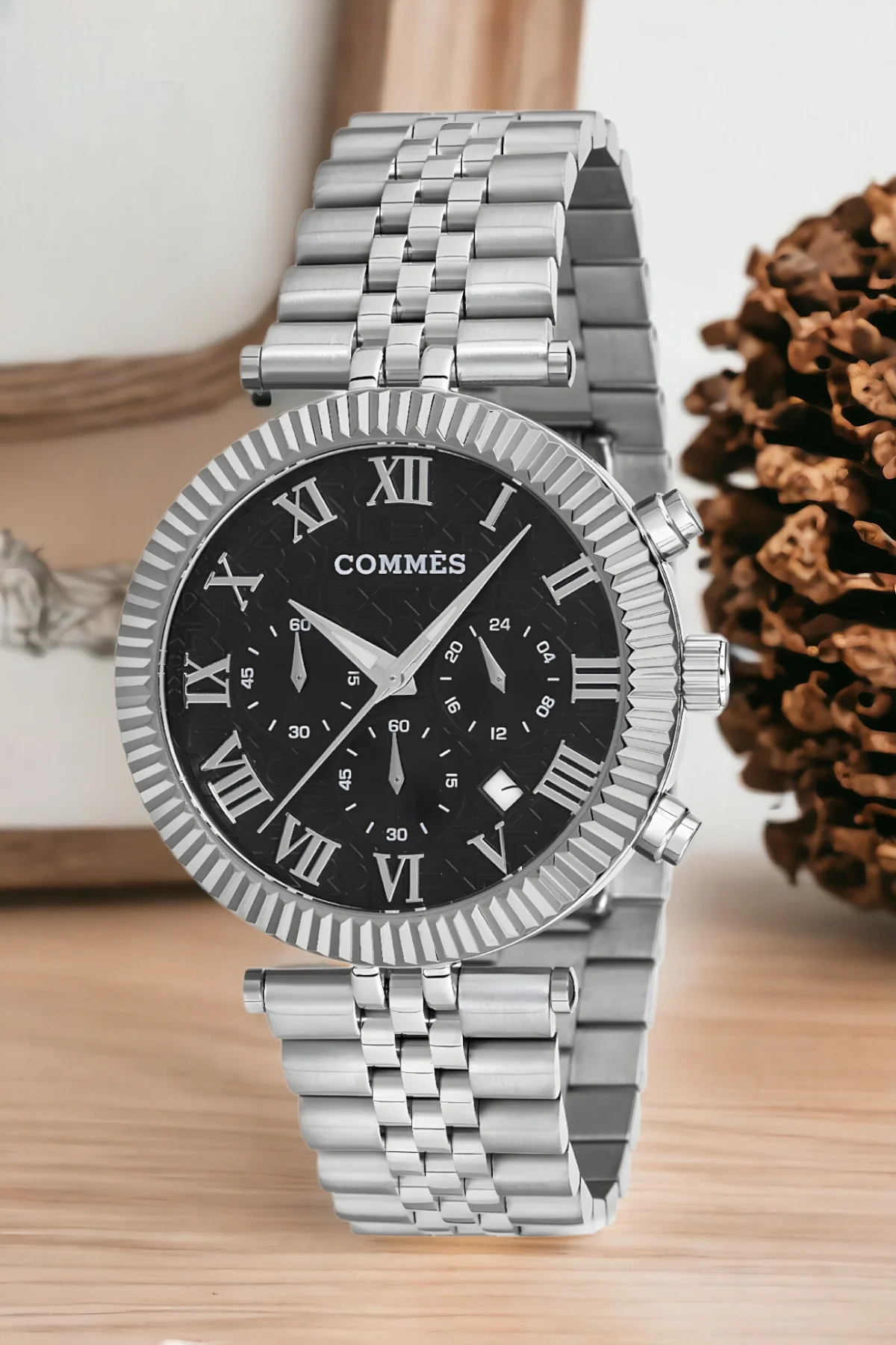 Commes Gümüş-Siyah Renk Crono Çelik Kordon Erkek Kol Saati Full Fonksiyon+Bileklik zmcms036