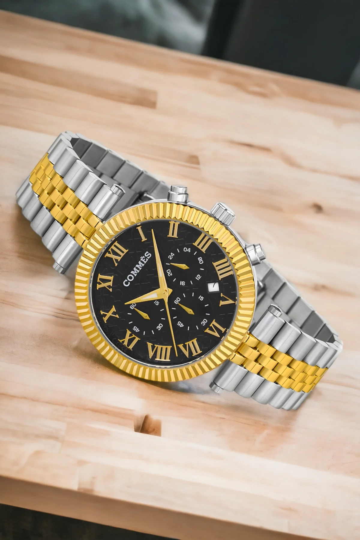 Commes Gümüş-Gold-Siyah Renk Crono Çelik Kordon Erkek Kol Saati Full Fonksiyon+Bileklik zmcms036
