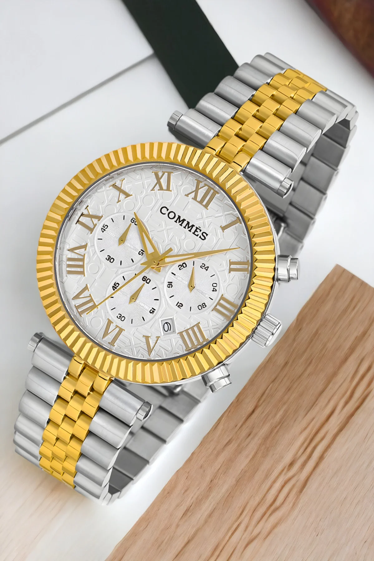 Commes Gümüş-Gold-Beyaz Renk Crono Çelik Kordon Erkek Kol Saati Full Fonksiyon+Bileklik zmcms036