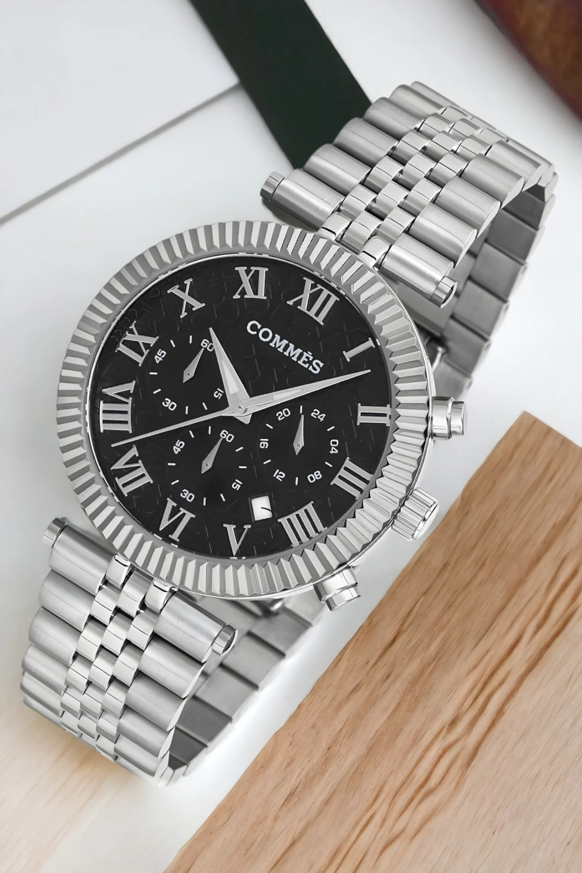 Commes Gümüş-Siyah Renk Crono Çelik Kordon Erkek Kol Saati Full Fonksiyon+Bileklik zmcms036