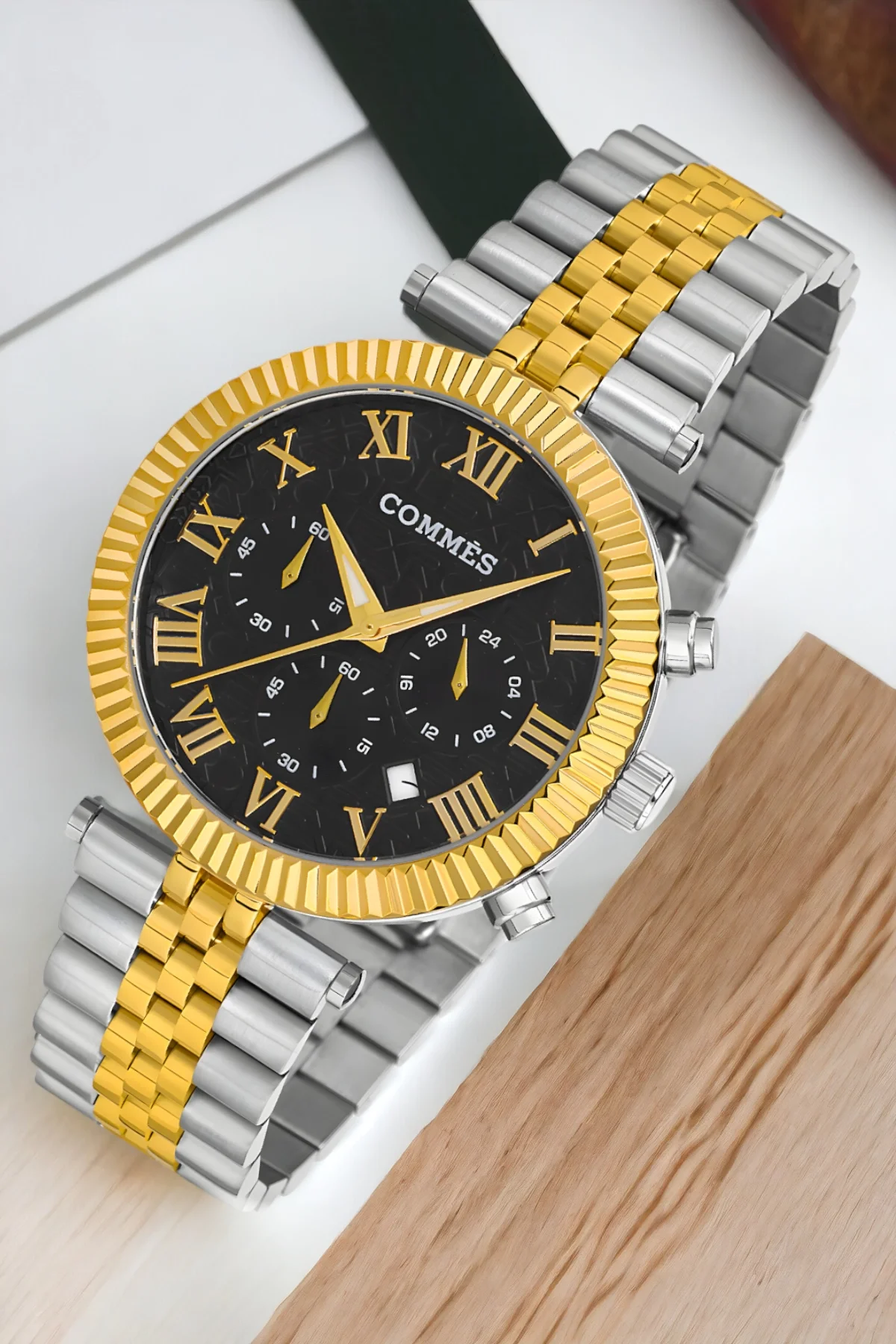 Commes Gümüş-Gold-Siyah Renk Crono Çelik Kordon Erkek Kol Saati Full Fonksiyon+Bileklik zmcms036