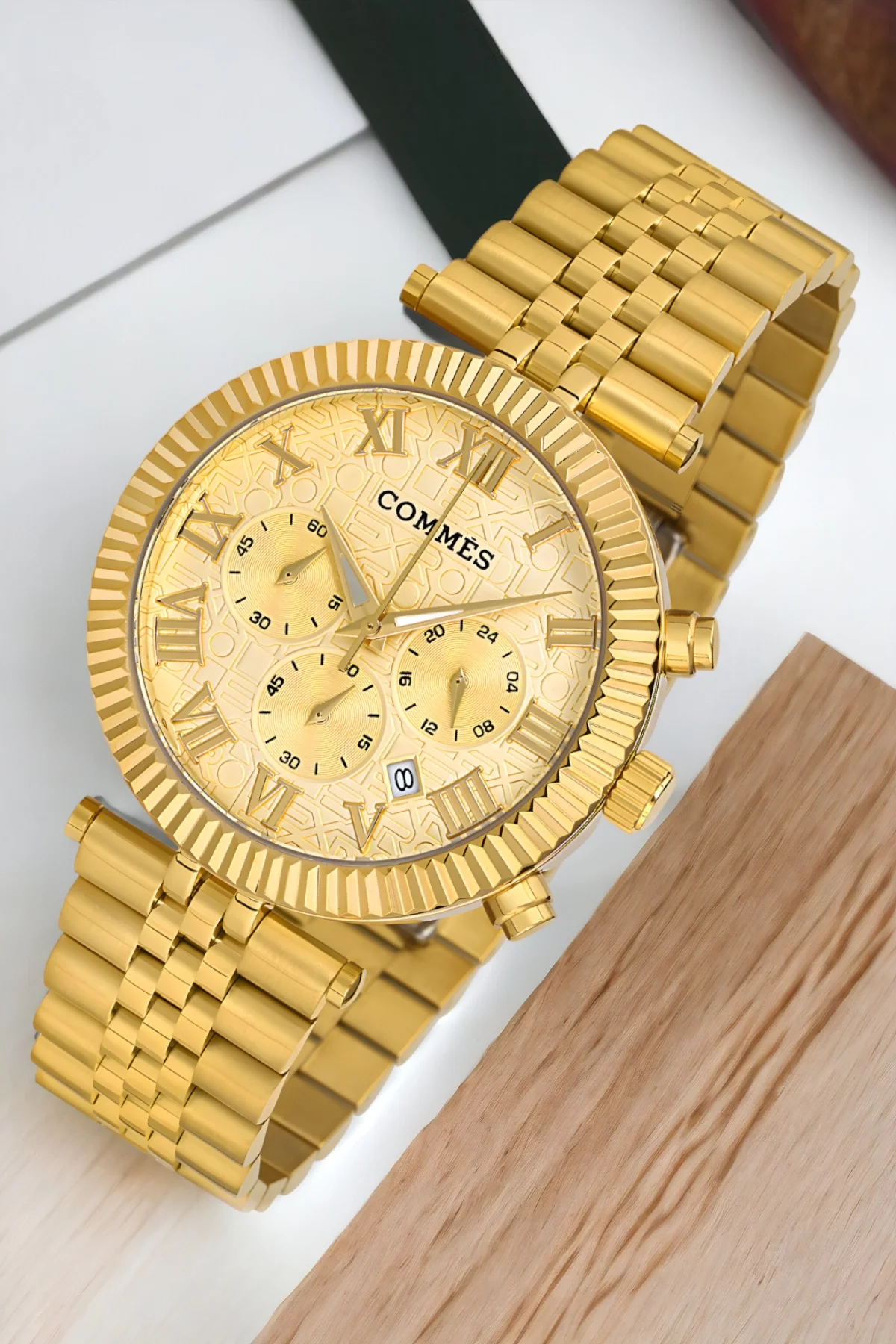 Commes Gold Renk Crono Çelik Kordon Erkek Kol Saati Full Fonksiyon+Bileklik zmcms036