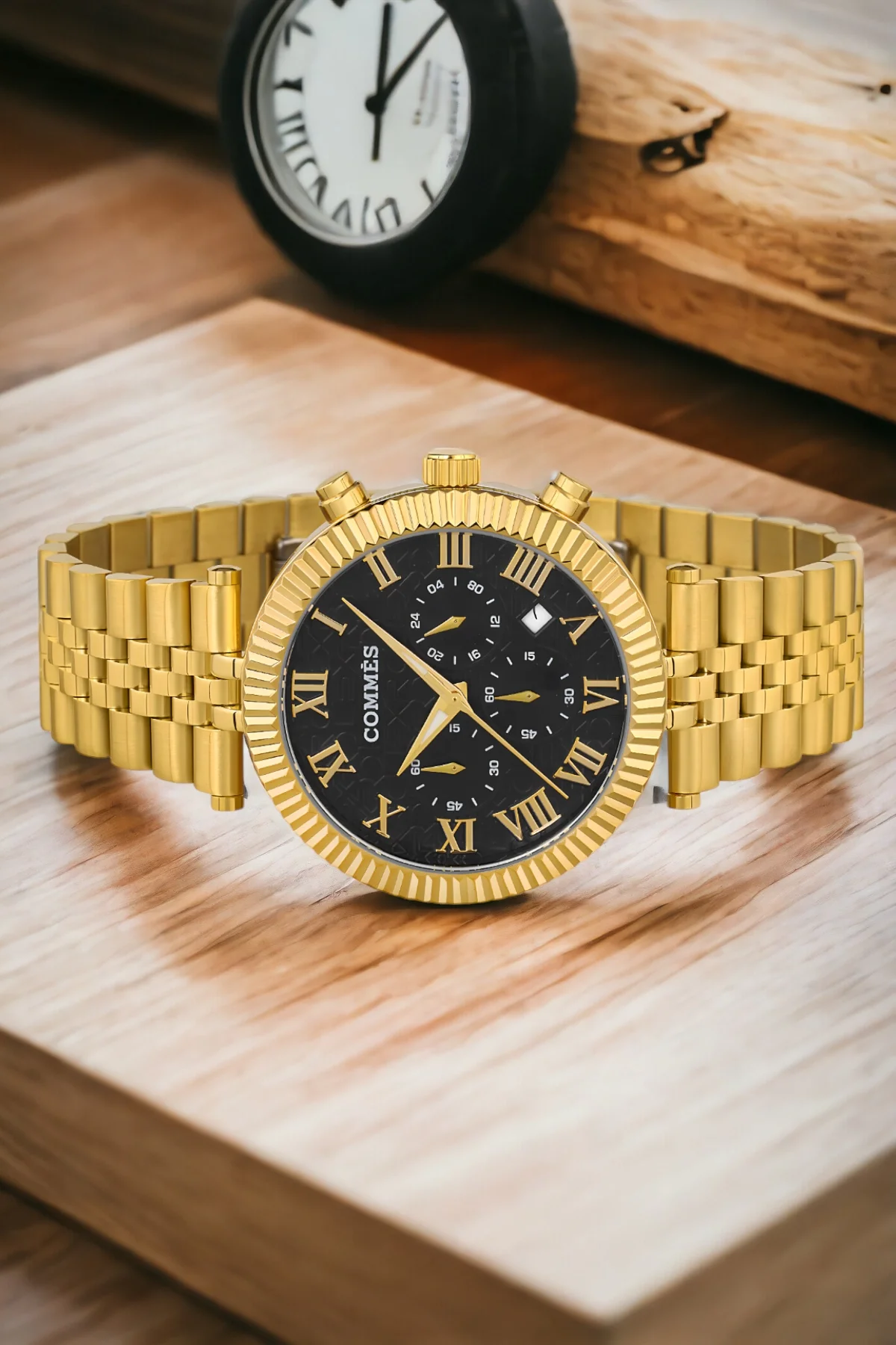 Commes Gold-Siyah Renk Crono Çelik Kordon Erkek Kol Saati Full Fonksiyon+Bileklik zmcms036