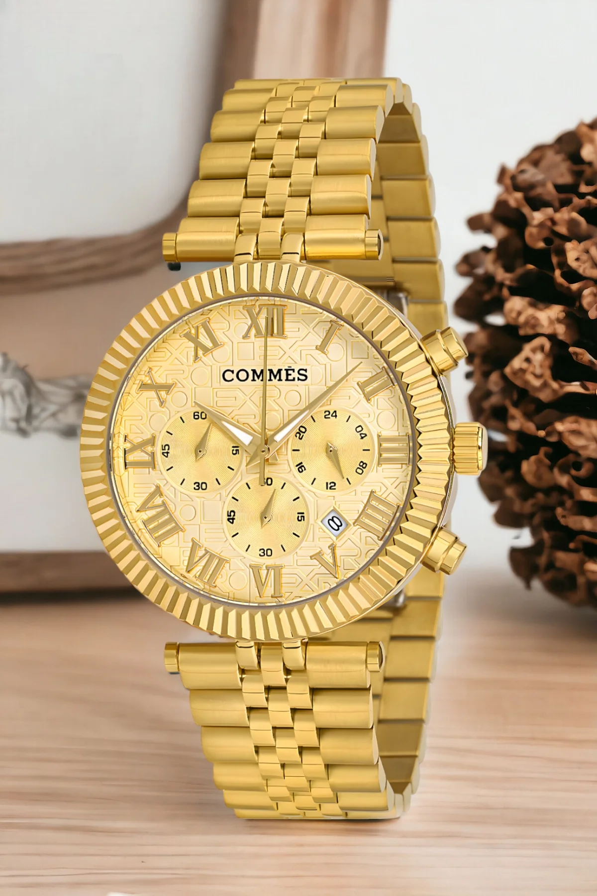 Commes Gold Renk Crono Çelik Kordon Erkek Kol Saati Full Fonksiyon+Bileklik zmcms036