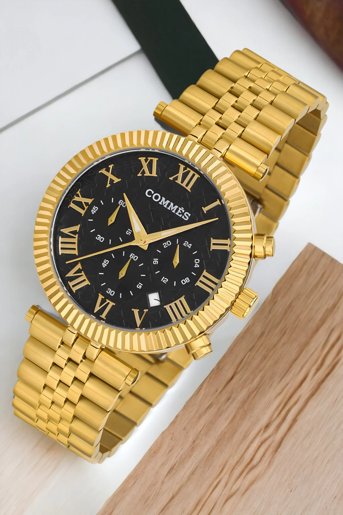 Commes Gold-Siyah Renk Crono Çelik Kordon Erkek Kol Saati Full Fonksiyon+Bileklik zmcms036