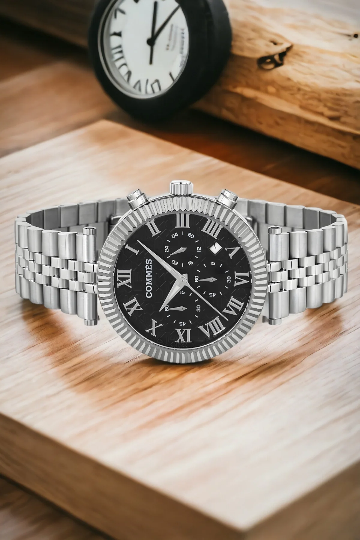 Commes Gümüş-Siyah Renk Crono Çelik Kordon Erkek Kol Saati Full Fonksiyon+Bileklik zmcms036