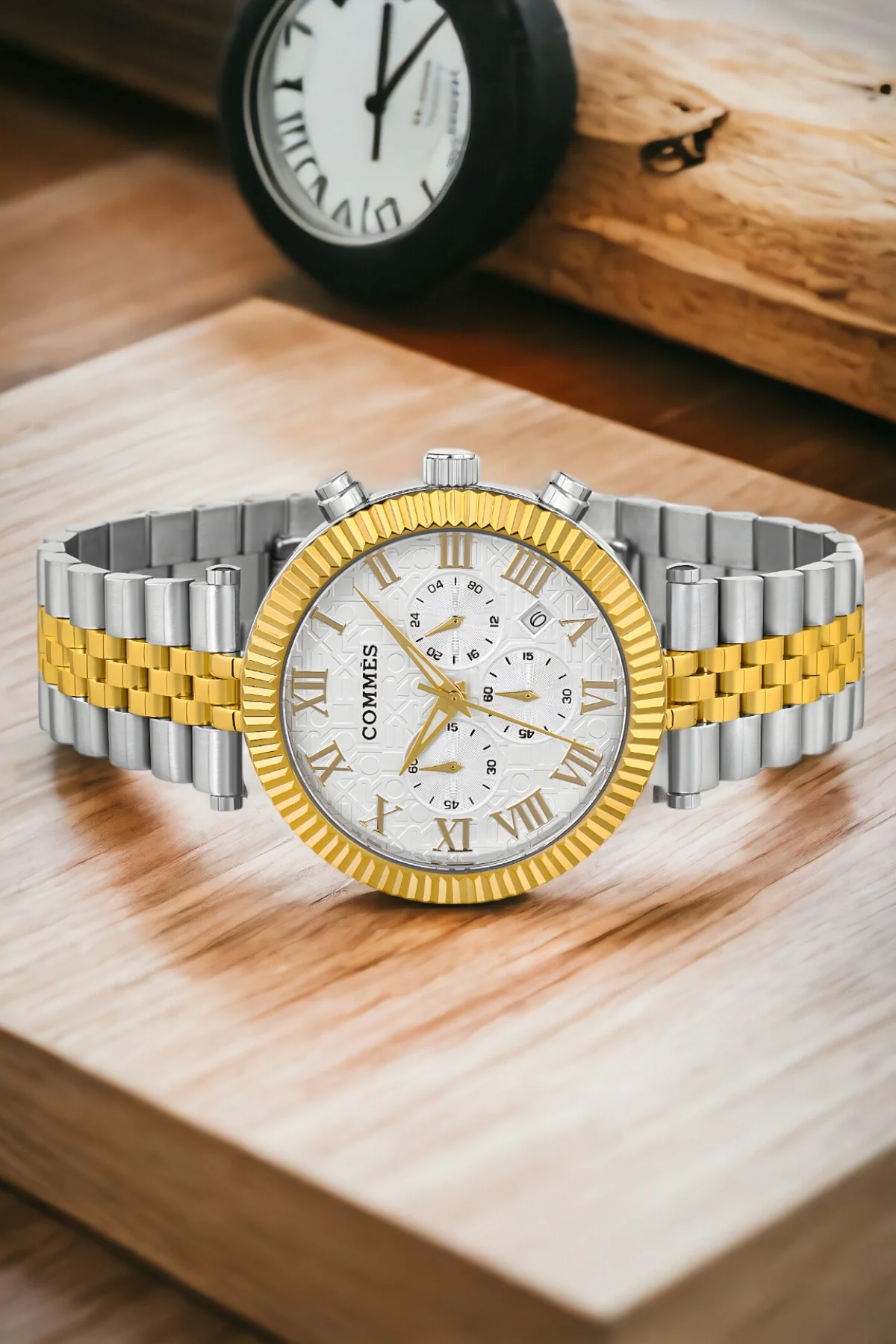 Commes Gümüş-Gold-Beyaz Renk Crono Çelik Kordon Erkek Kol Saati Full Fonksiyon+Bileklik zmcms036