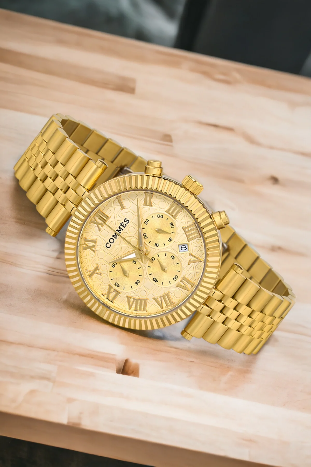 Commes Gold Renk Crono Çelik Kordon Erkek Kol Saati Full Fonksiyon+Bileklik zmcms036