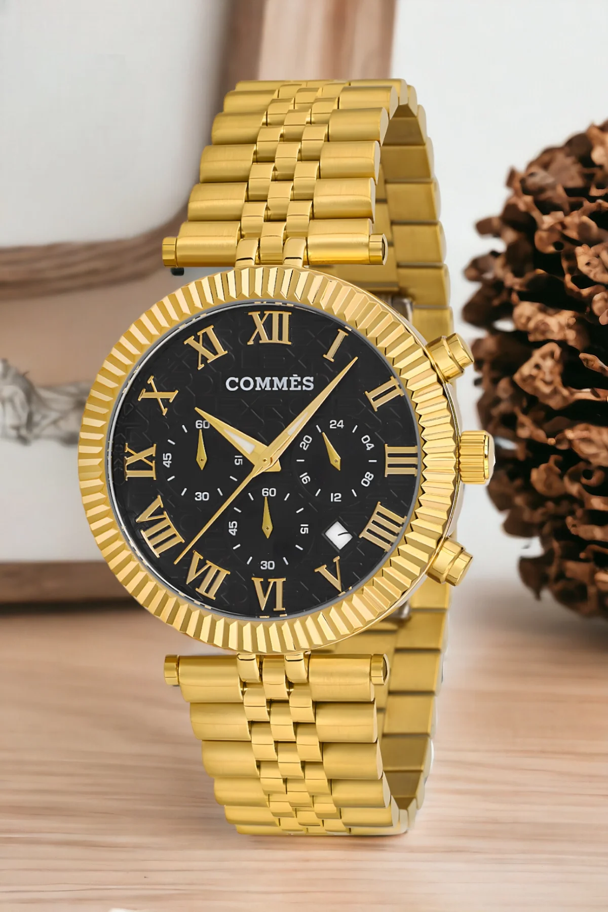 Commes Gold-Siyah Renk Crono Çelik Kordon Erkek Kol Saati Full Fonksiyon+Bileklik zmcms036