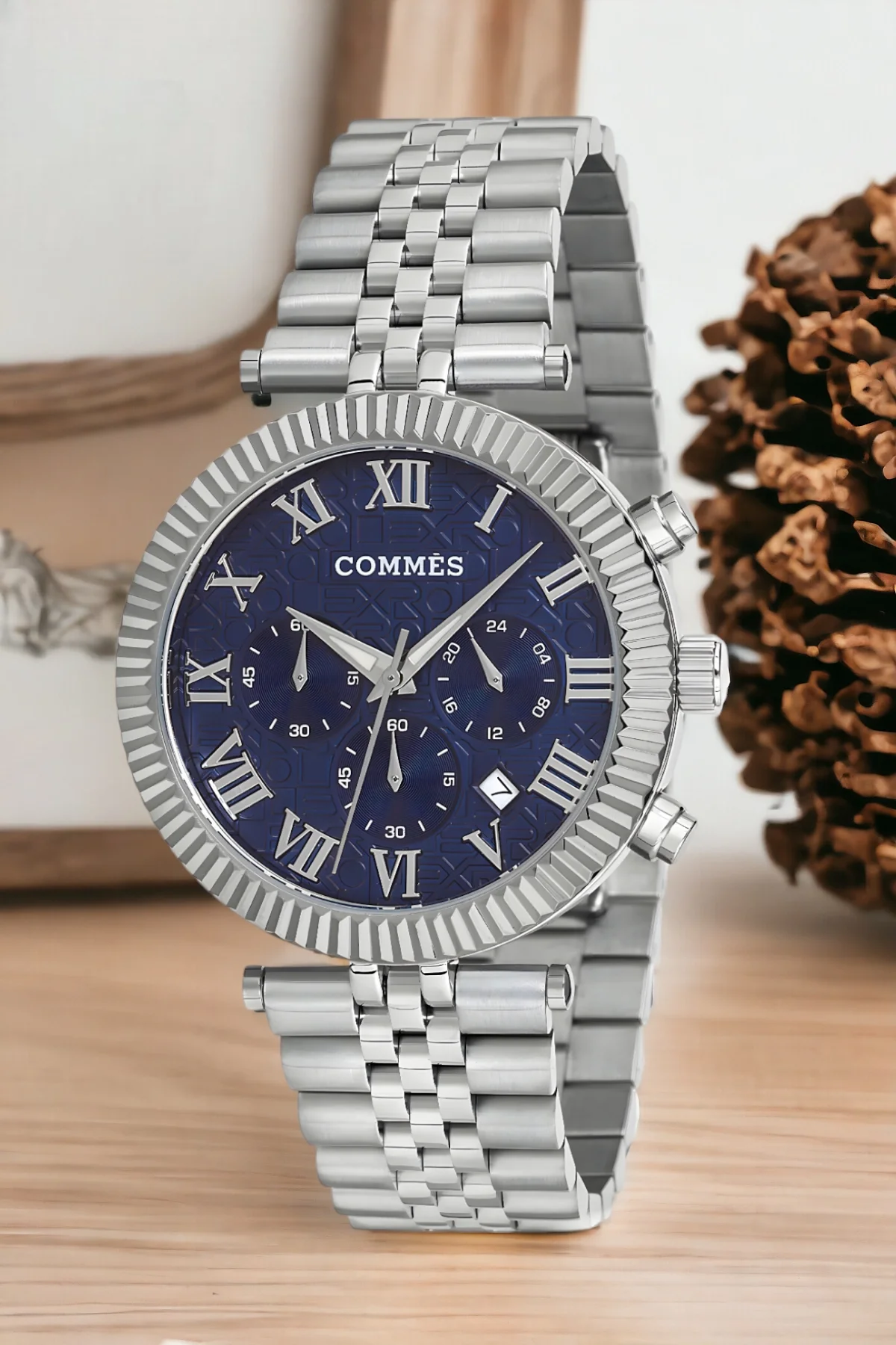 Commes Gümüş-Mavi Renk Crono Çelik Kordon Erkek Kol Saati Full Fonksiyon+Bileklik zmcms036