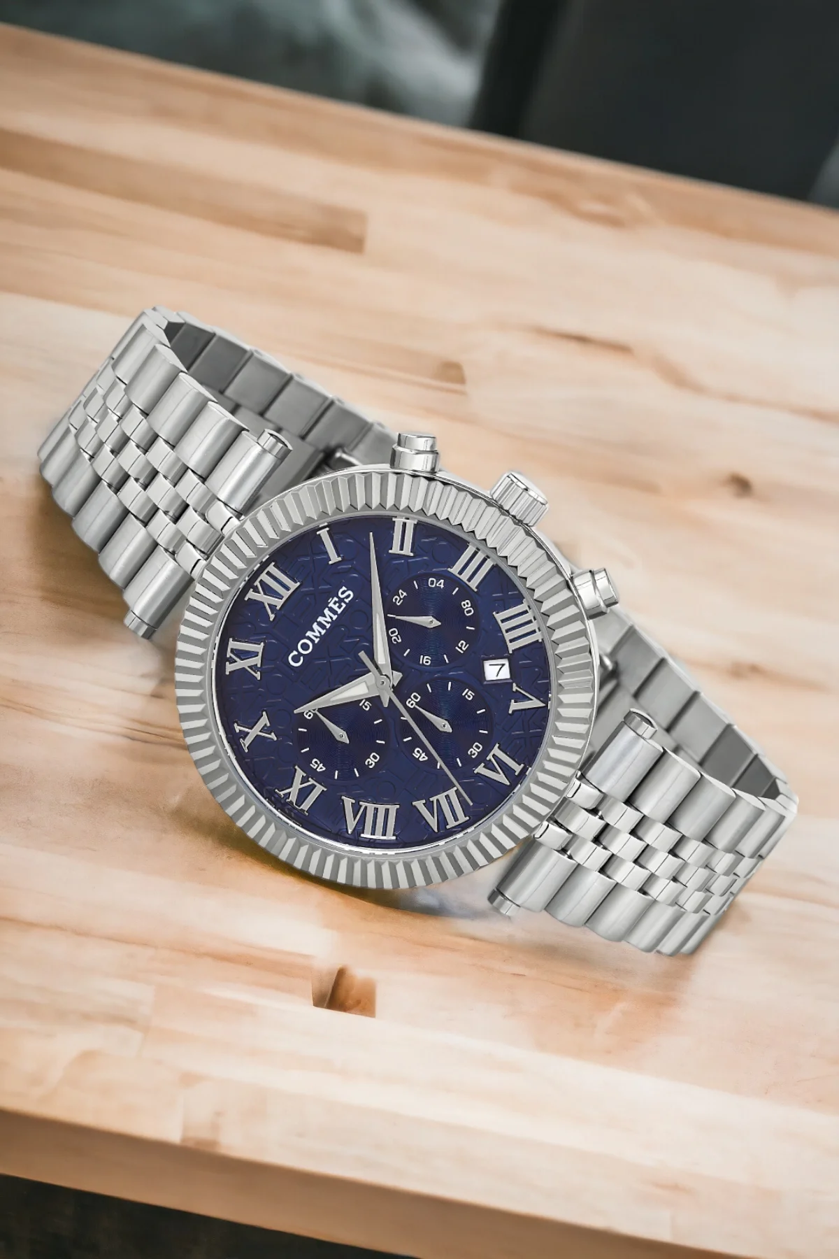 Commes Gümüş-Mavi Renk Crono Çelik Kordon Erkek Kol Saati Full Fonksiyon+Bileklik zmcms036
