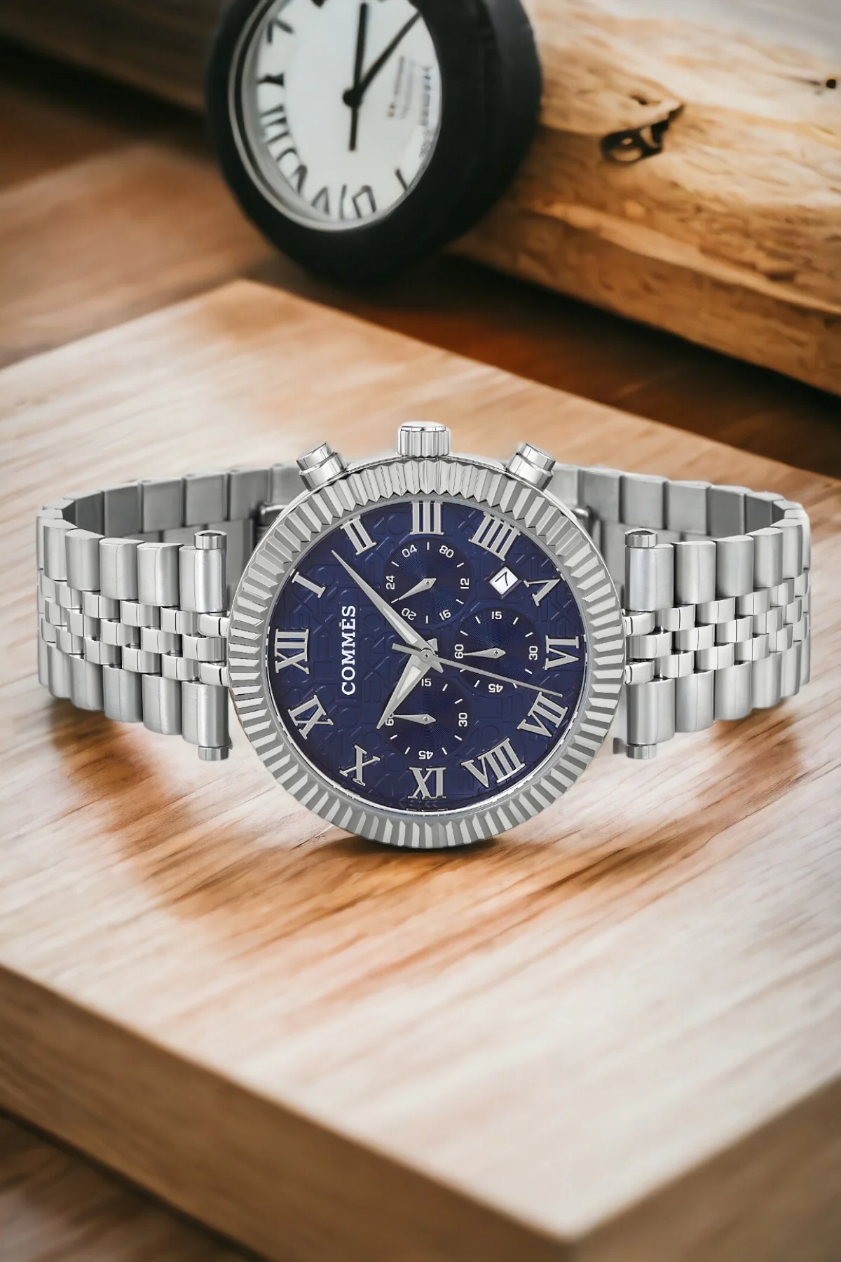 Commes Gümüş-Mavi Renk Crono Çelik Kordon Erkek Kol Saati Full Fonksiyon+Bileklik zmcms036