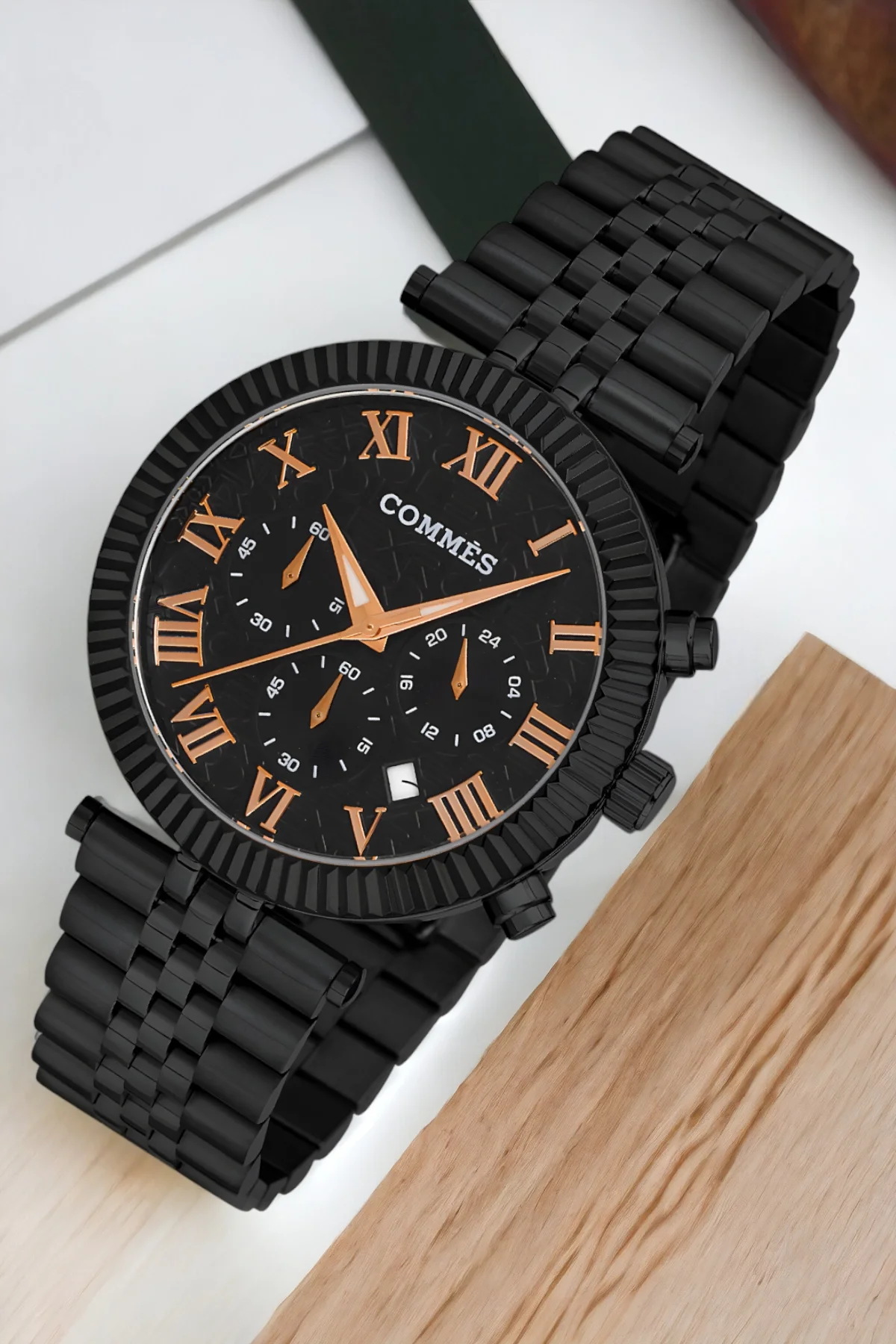 Commes Siyah Renk Crono Çelik Kordon Erkek Kol Saati Full Fonksiyon+Bileklik zmcms036