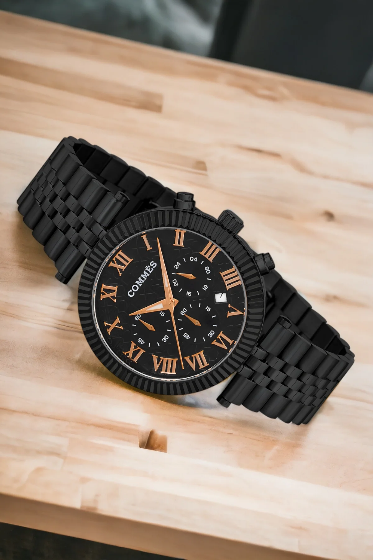 Commes Siyah Renk Crono Çelik Kordon Erkek Kol Saati Full Fonksiyon+Bileklik zmcms036