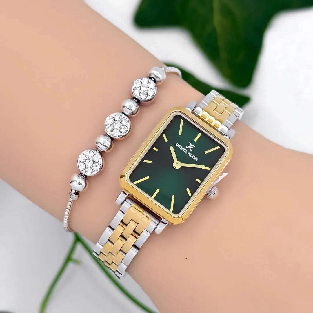 Daniel Klein Çelik Kordon Kadın Kol Saati 3 Atm Suya Dayanıklı Gümüş-Gold-Yeşil zmdk1187
