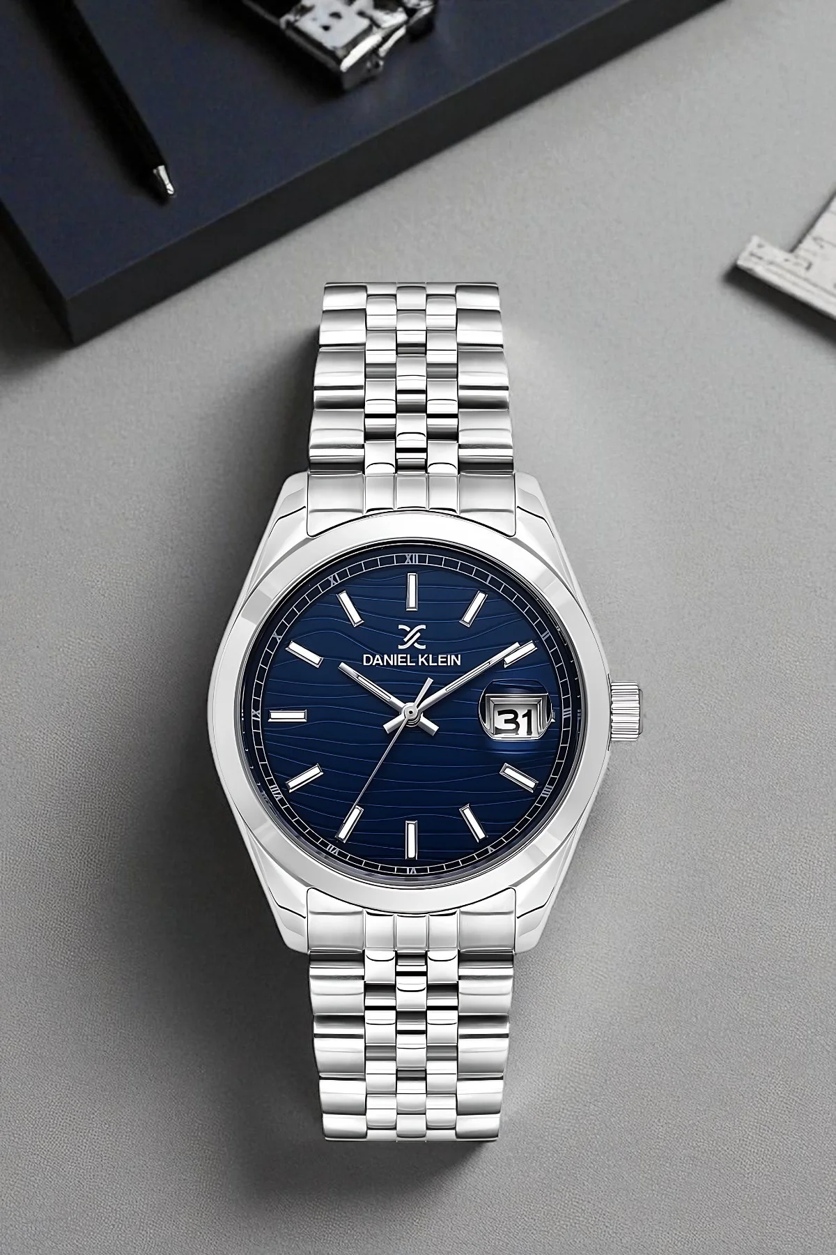 Daniel Klein Çelik Kordon&Kasa Takvimli Erkek Kol Saati Bileklik Hediyeli Gümüş-Mavi zmdk1190