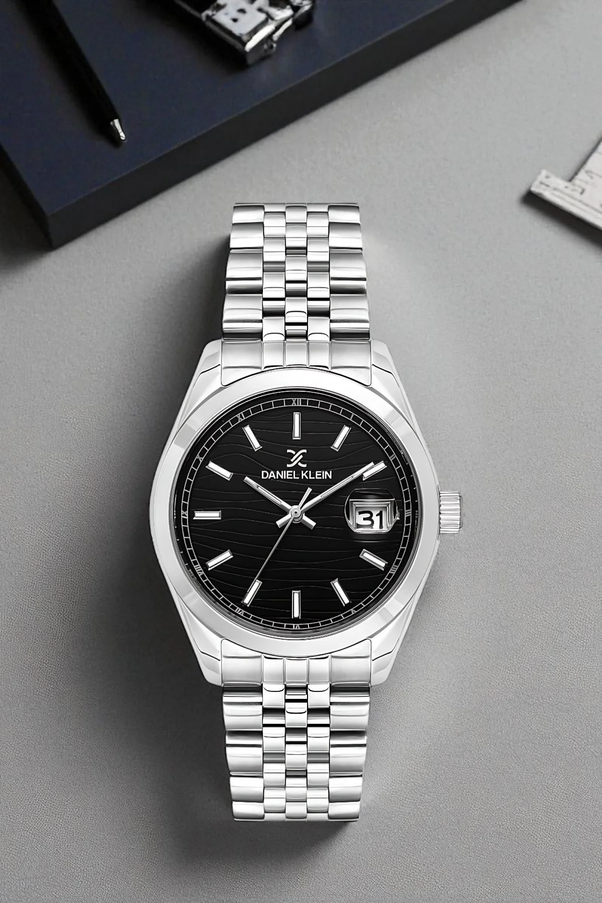 Daniel Klein Çelik Kordon&Kasa Takvimli Erkek Kol Saati Bileklik Hediyeli Gümüş-Siyah zmdk1190