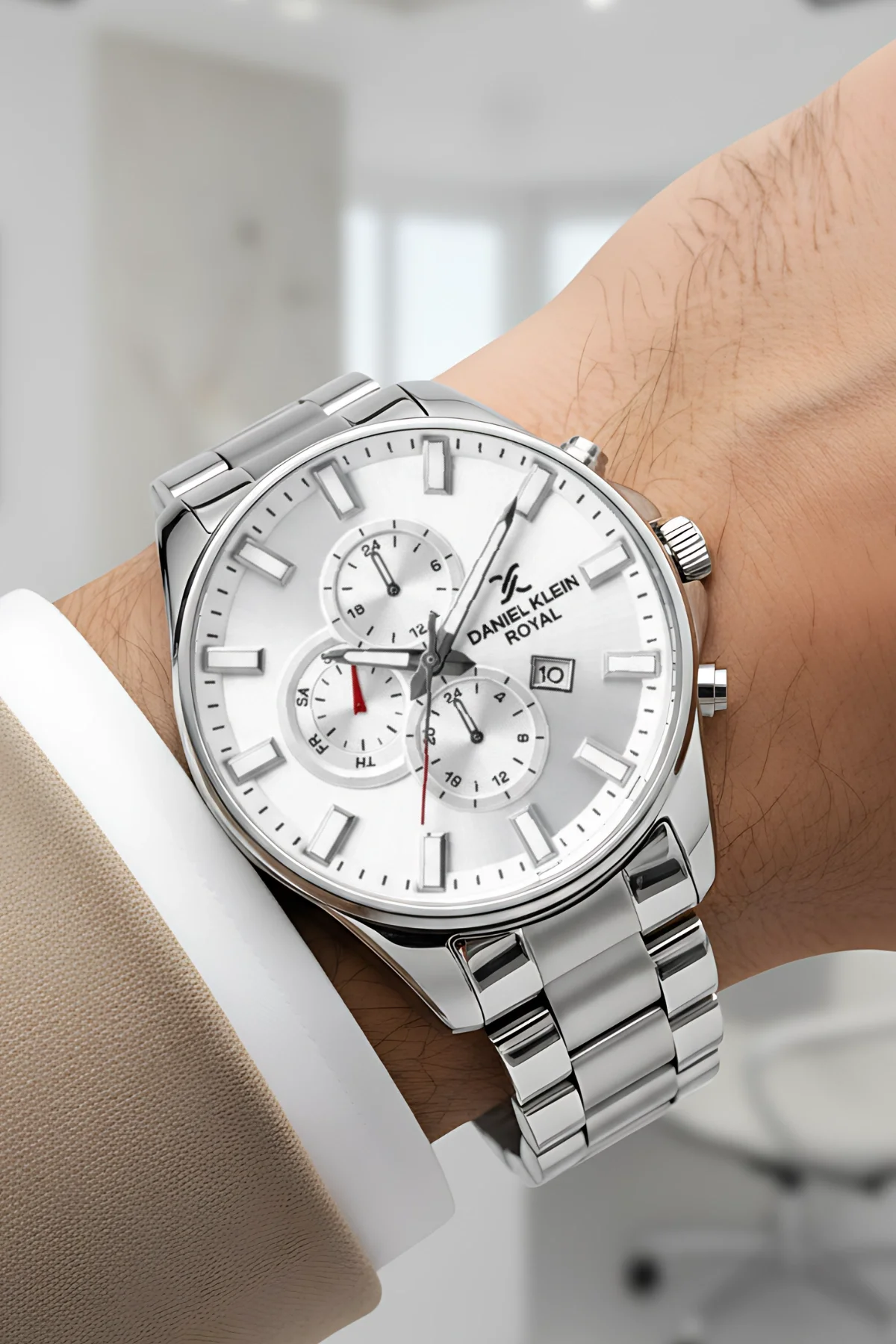 Daniel Klein Erkek Kol Saati Takvimli Çelik Kordon Çelik Kasa 3 Atm Su Geçirmez Gümüş-Beyaz zmdk1143