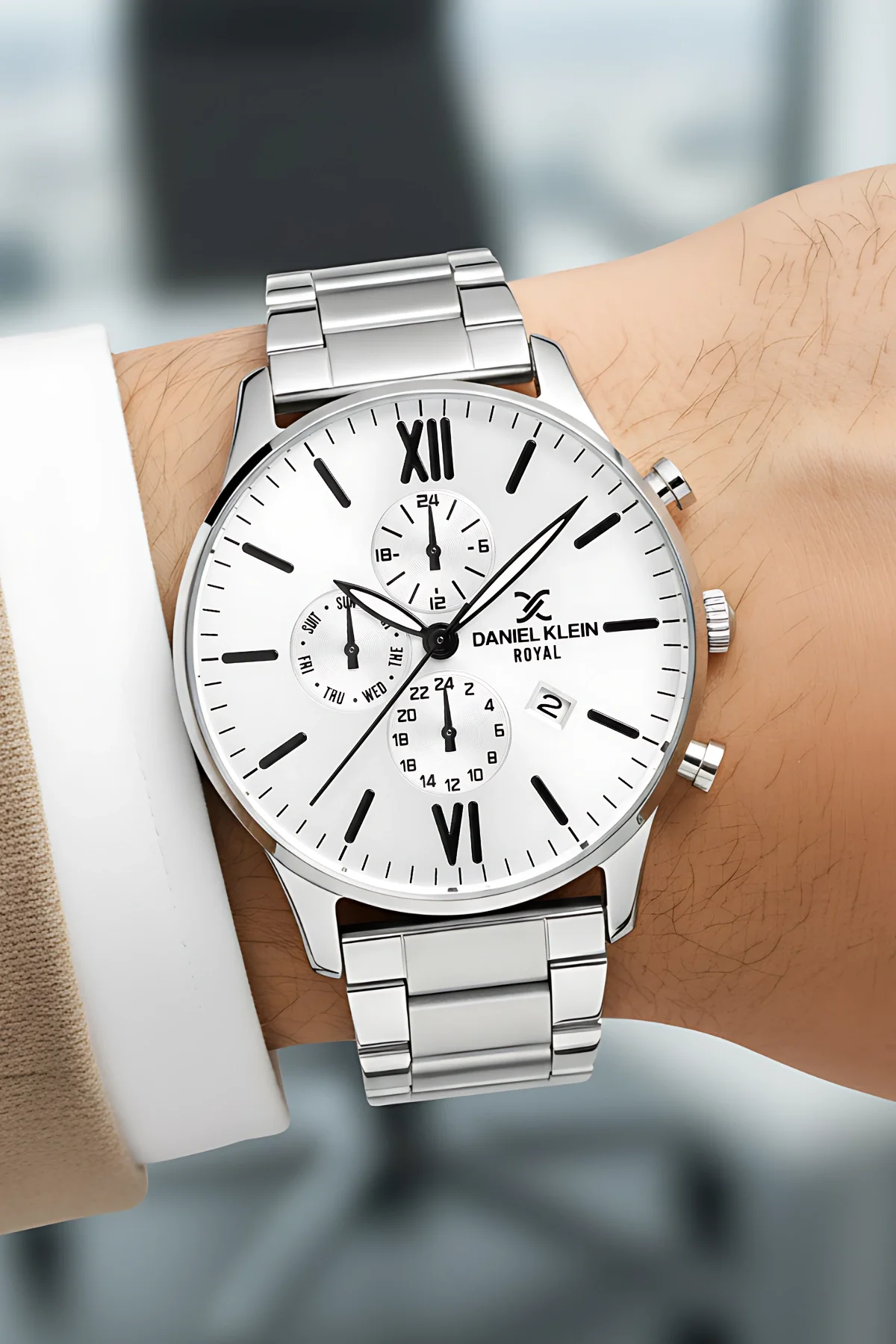 Daniel Klein Erkek Kol Saati Takvimli Çelik Kordon Çelik Kasa Gümüş-Beyaz Renk Bileklik Hediyesi İle zmdk1134