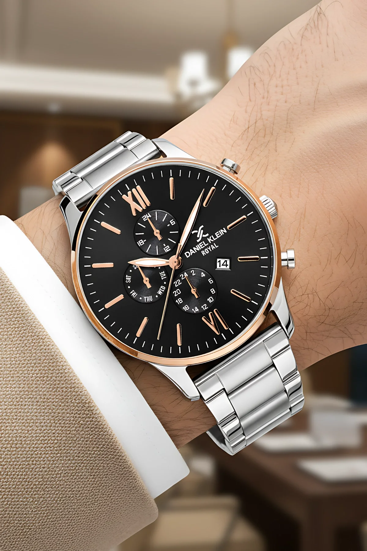 Daniel Klein Erkek Kol Saati Takvimli Çelik Kordon Çelik Kasa Gümüş-Siyah-Rose Bileklik Hediyesi İle zmdk1134