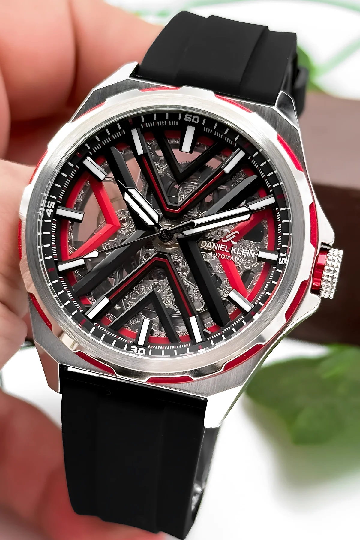 Daniel Klein Otomatik Mekanizma Silikon Kordon Çelik Kasa Erkek Kol Saati Siyah-Kırmızı zmdk1193