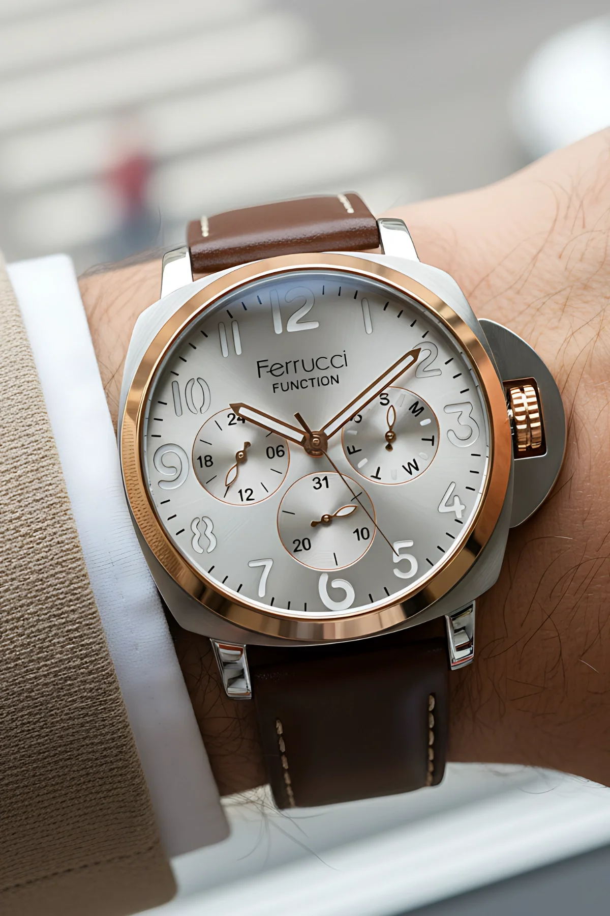 Ferrucci Acı Kahve Renk, Deri Kordon, Function Erkek Kol Saati+Bileklik Kahve-Gümüş zmfer158