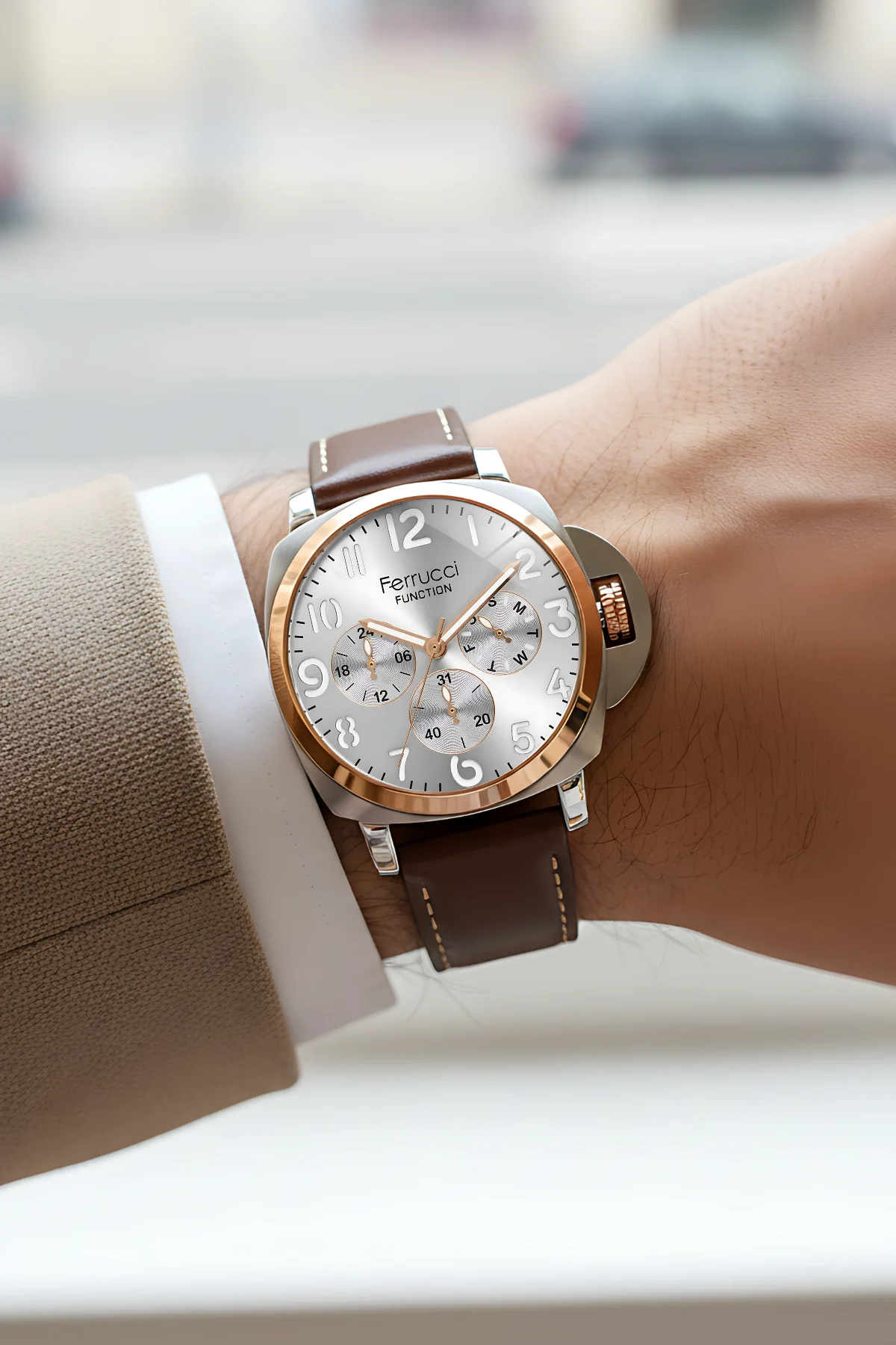 Ferrucci Acı Kahve Renk, Deri Kordon, Function Erkek Kol Saati+Bileklik Kahve-Gümüş zmfer158