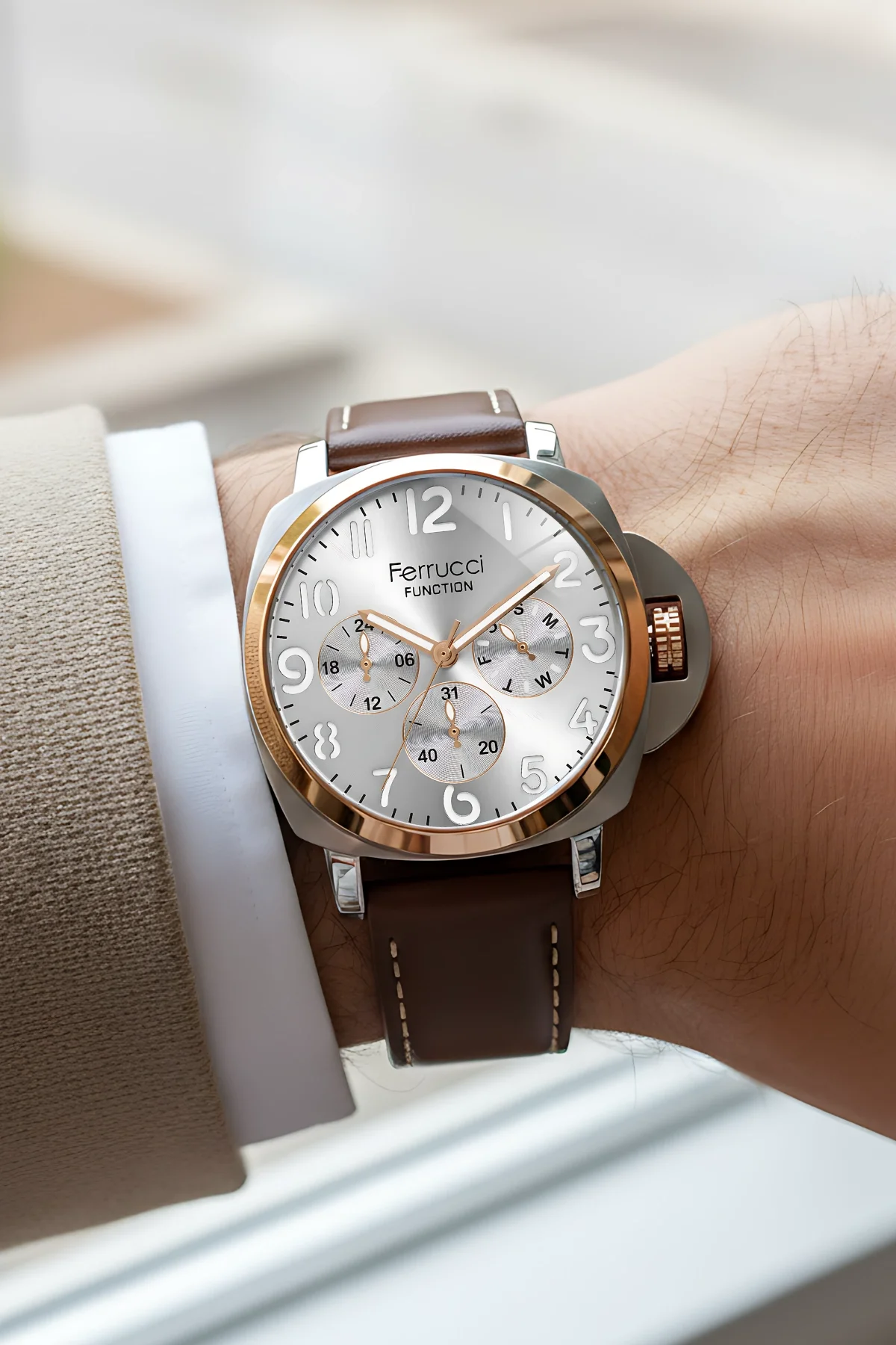 Ferrucci Acı Kahve Renk, Deri Kordon, Function Erkek Kol Saati+Bileklik Kahve-Gümüş zmfer158