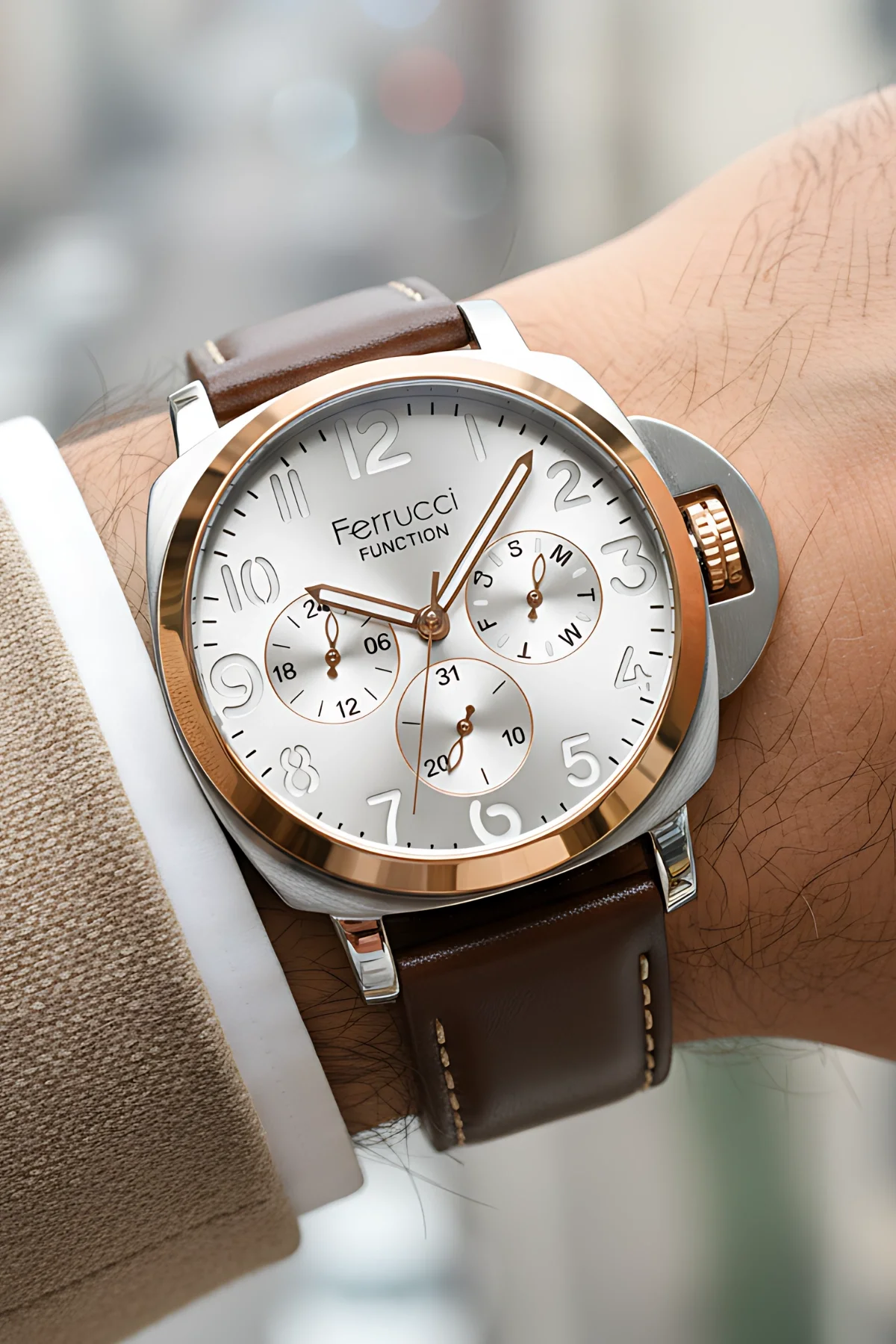 Ferrucci Acı Kahve Renk, Deri Kordon, Function Erkek Kol Saati+Bileklik Kahve-Gümüş zmfer158