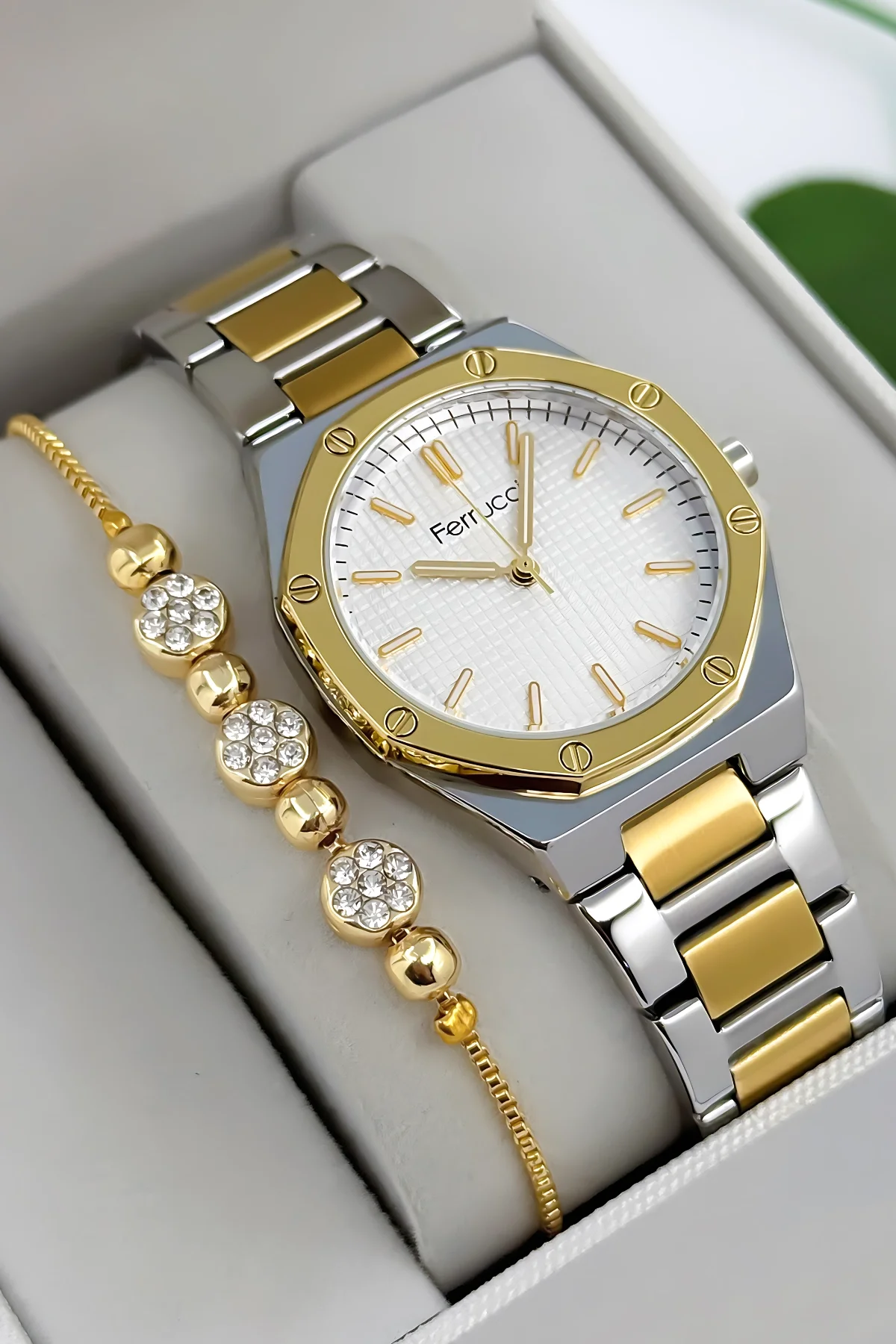 Ferrucci Çelik Kordon Çelik Kasa Kadın Kol Saati, 3 ATM Su Geçirmez Gold-Gümüş zmfer192