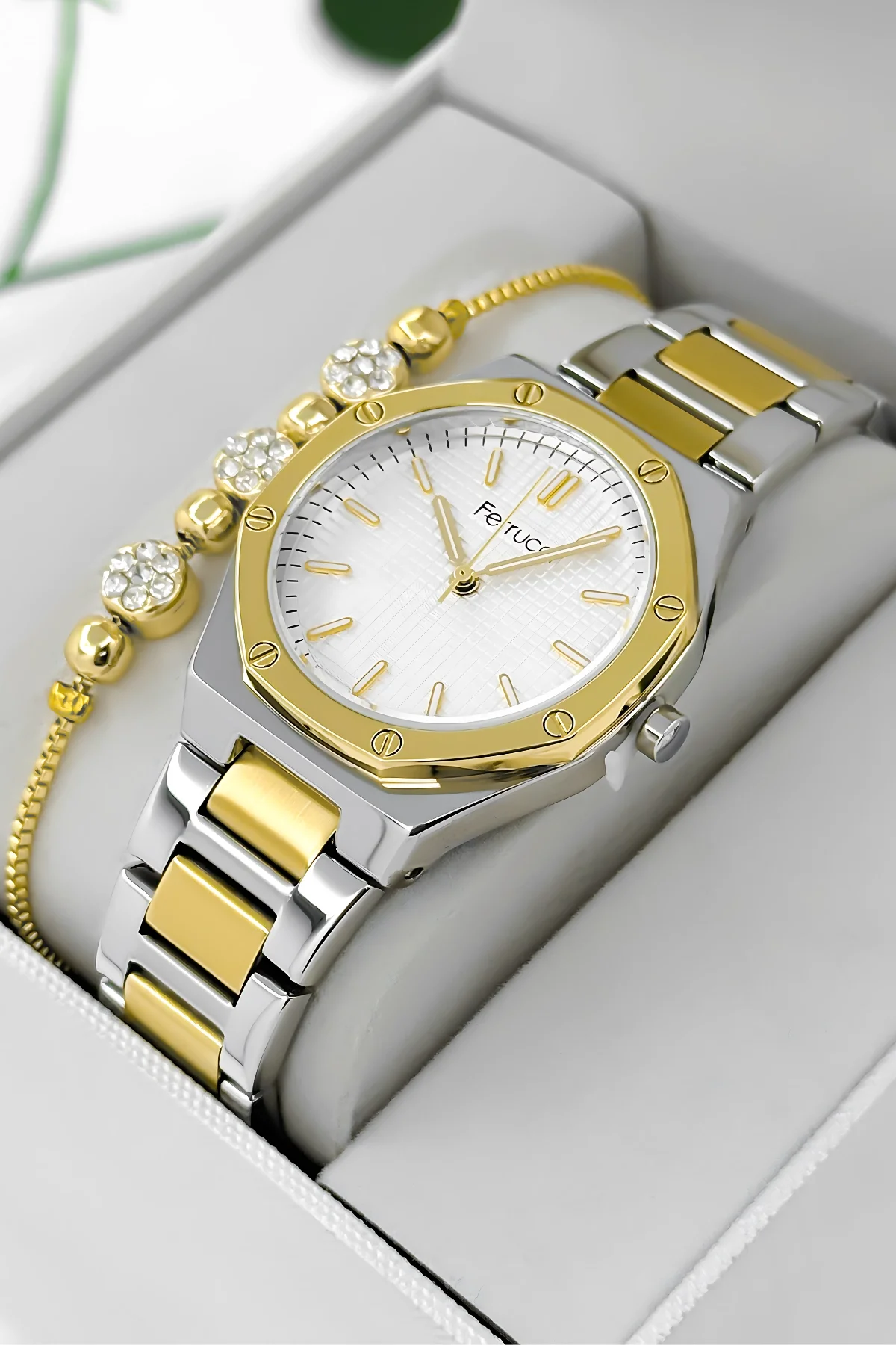 Ferrucci Çelik Kordon Çelik Kasa Kadın Kol Saati, 3 ATM Su Geçirmez Gold-Gümüş zmfer192