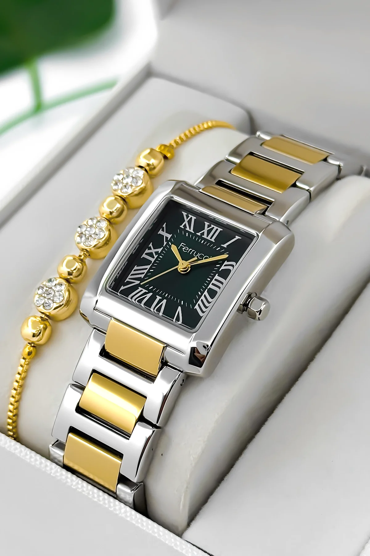 Ferrucci Çelik Kordon Çelik Kasa Kadın Kol Saati, 3 ATM Su Geçirmez Gümüş-Gold-Yeşil zmfer194