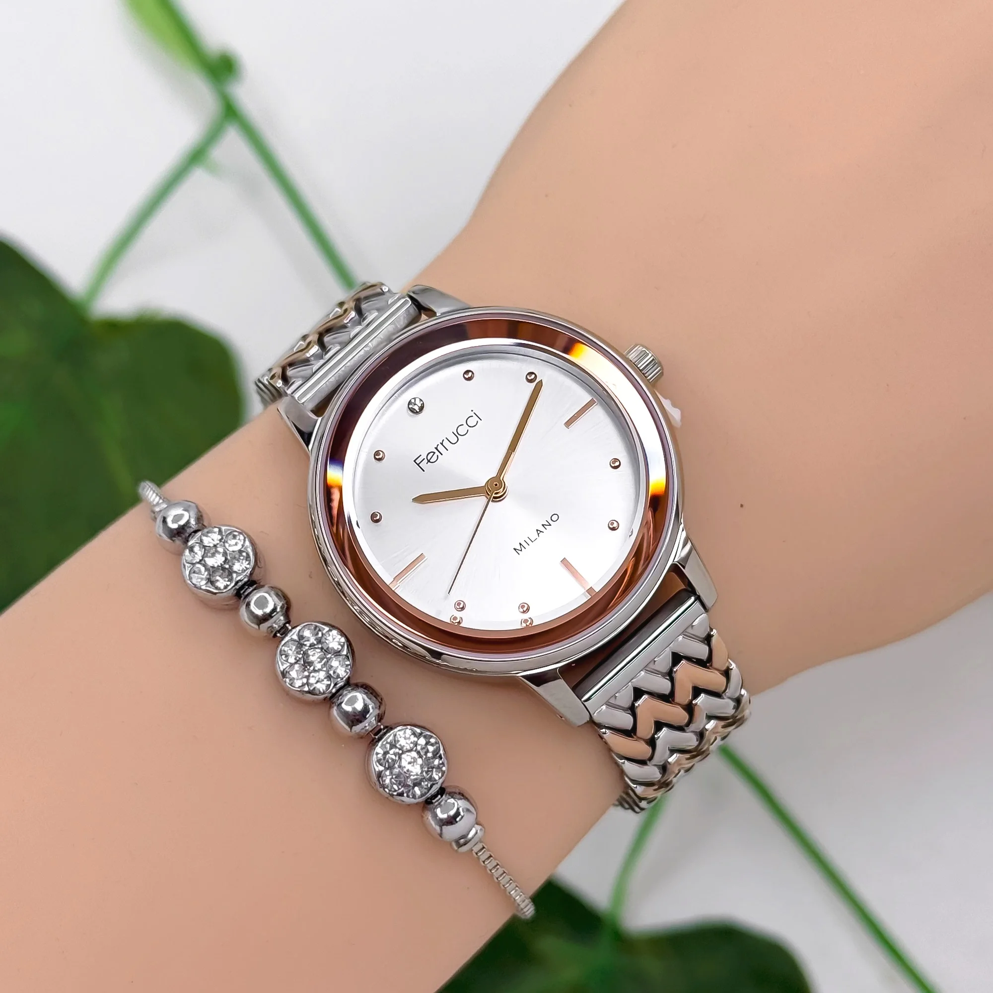 Ferrucci Çelik Kordon Çelik Kasa Kadın Kol Saati, 3 ATM Su Geçirmez Rose-Gümüş zmfer178