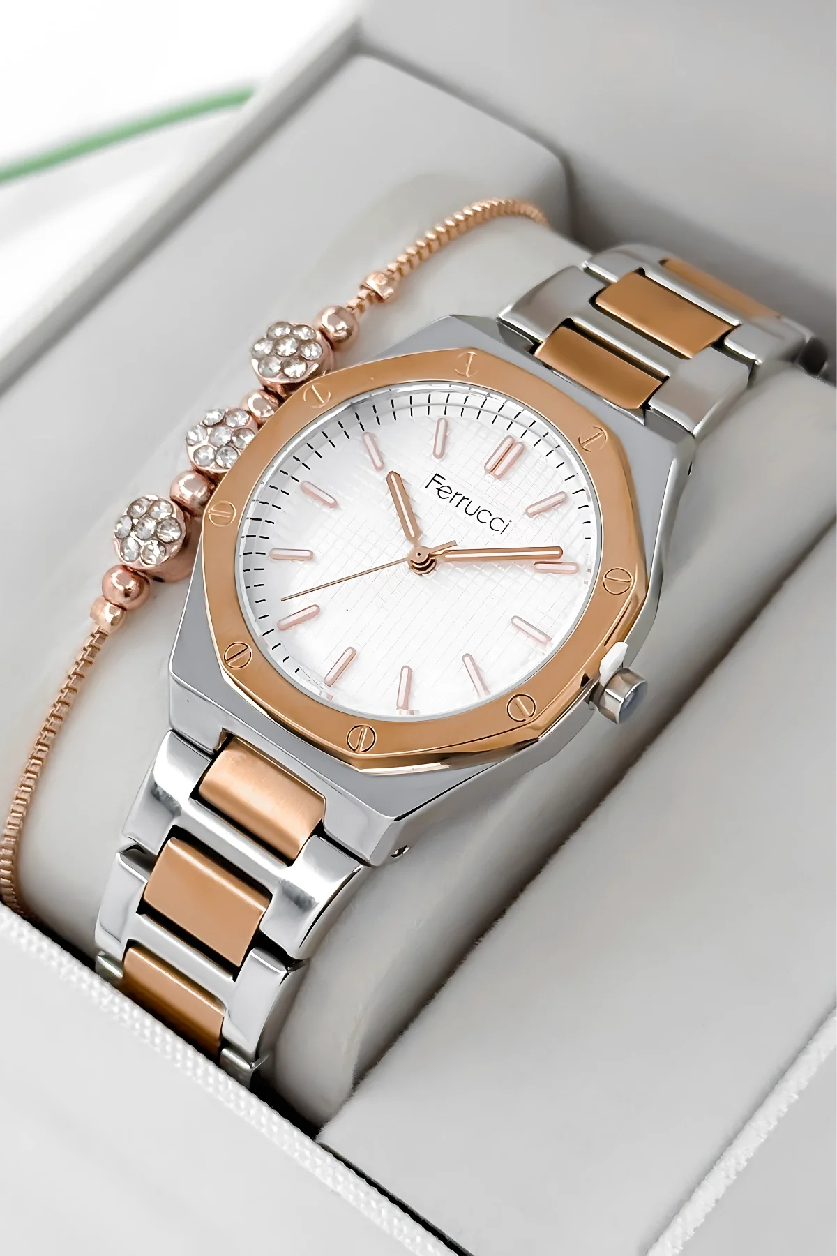 Ferrucci Çelik Kordon Çelik Kasa Kadın Kol Saati, 3 ATM Su Geçirmez Rose-Gümüş zmfer192