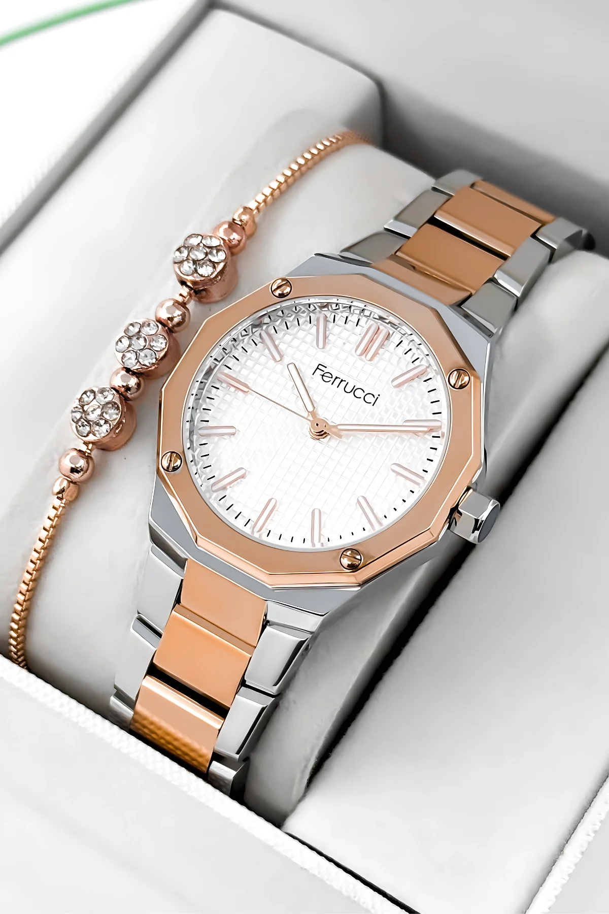 Ferrucci Çelik Kordon Çelik Kasa Kadın Kol Saati, 3 ATM Su Geçirmez Rose-Gümüş zmfer193