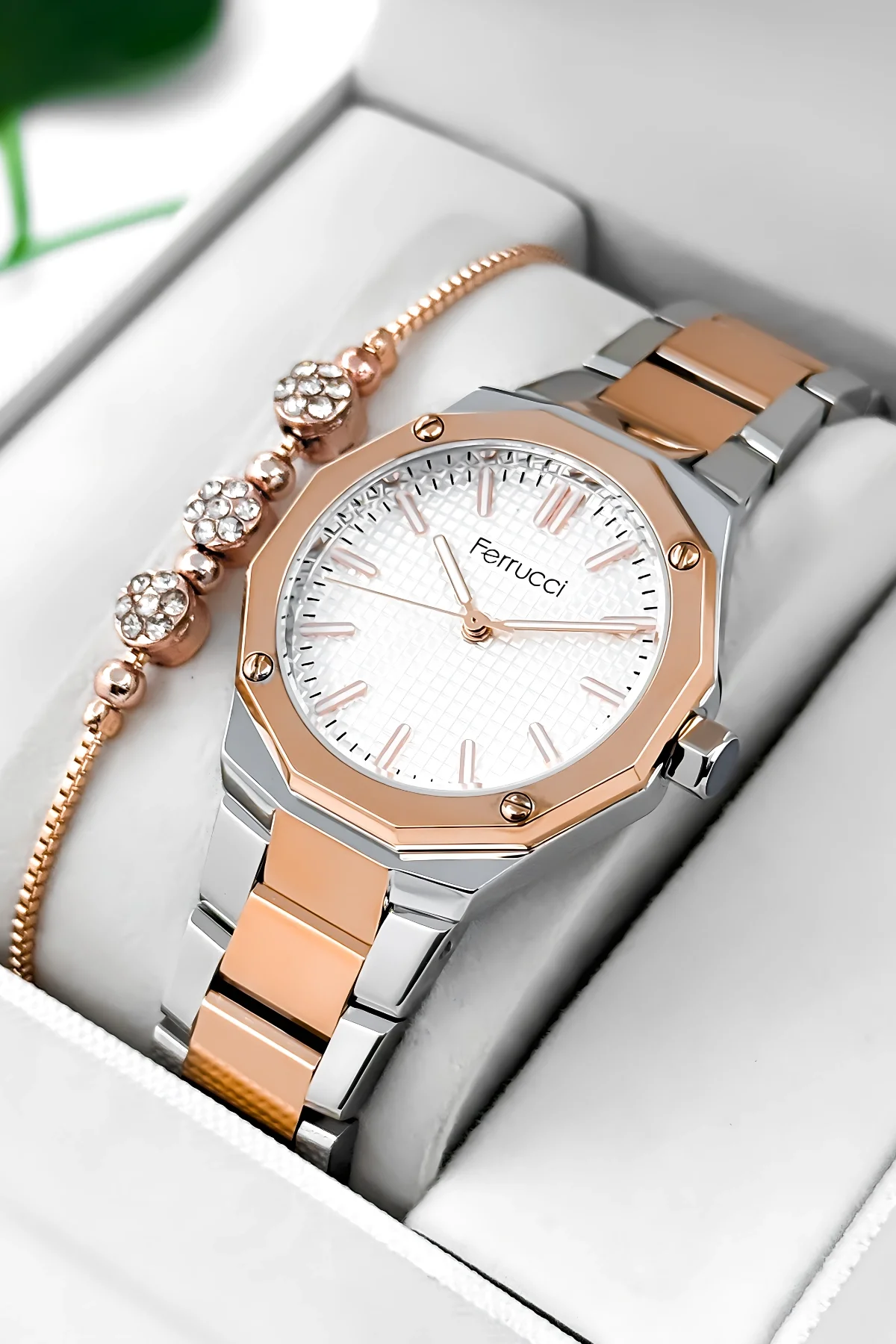 Ferrucci Çelik Kordon Çelik Kasa Kadın Kol Saati, 3 ATM Su Geçirmez Rose-Gümüş zmfer193