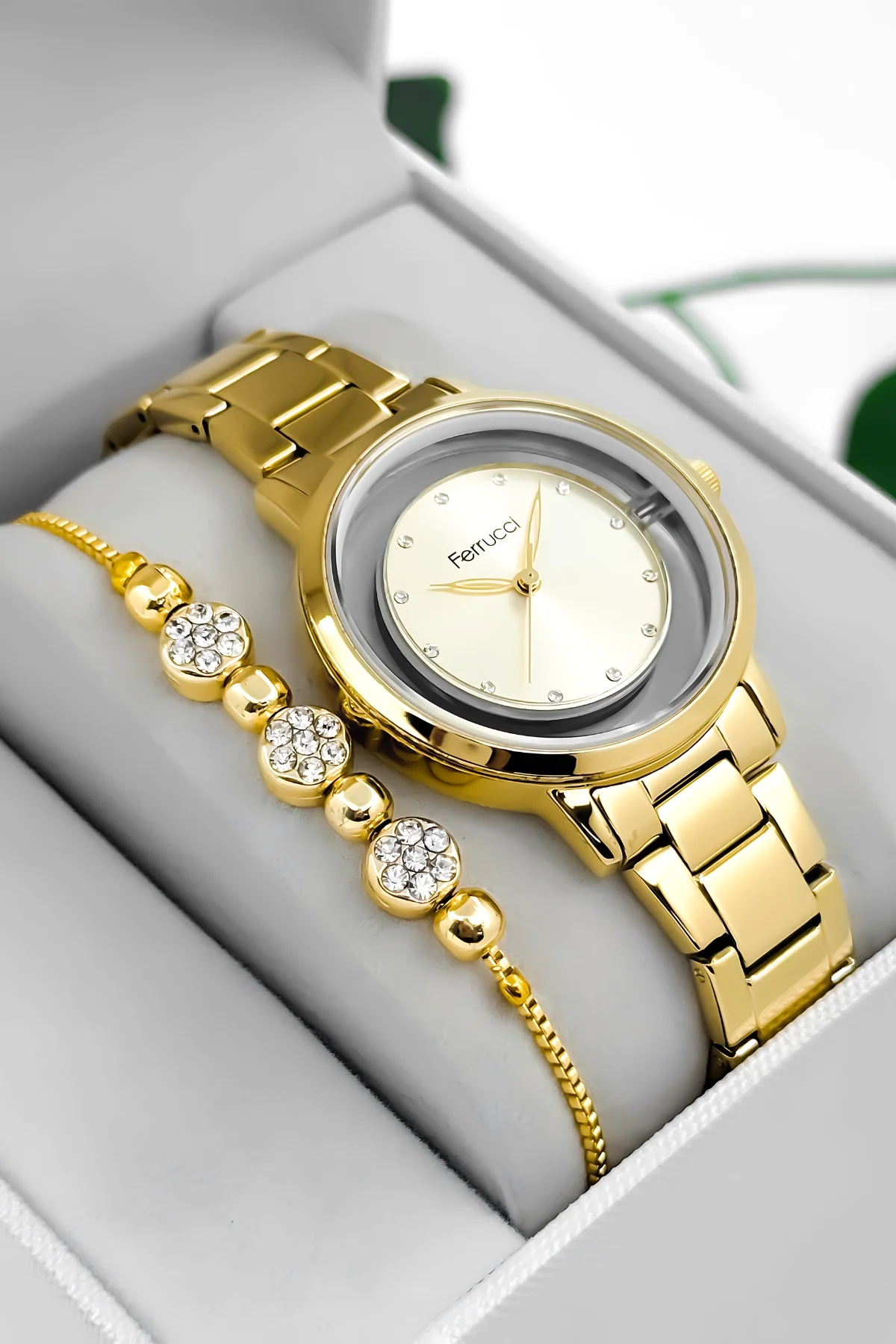 Ferrucci Çelik Kordon Çelik Kasa Kadın Kol Saati, Şeffaf Arka Cam Kapak Gold zmfer198