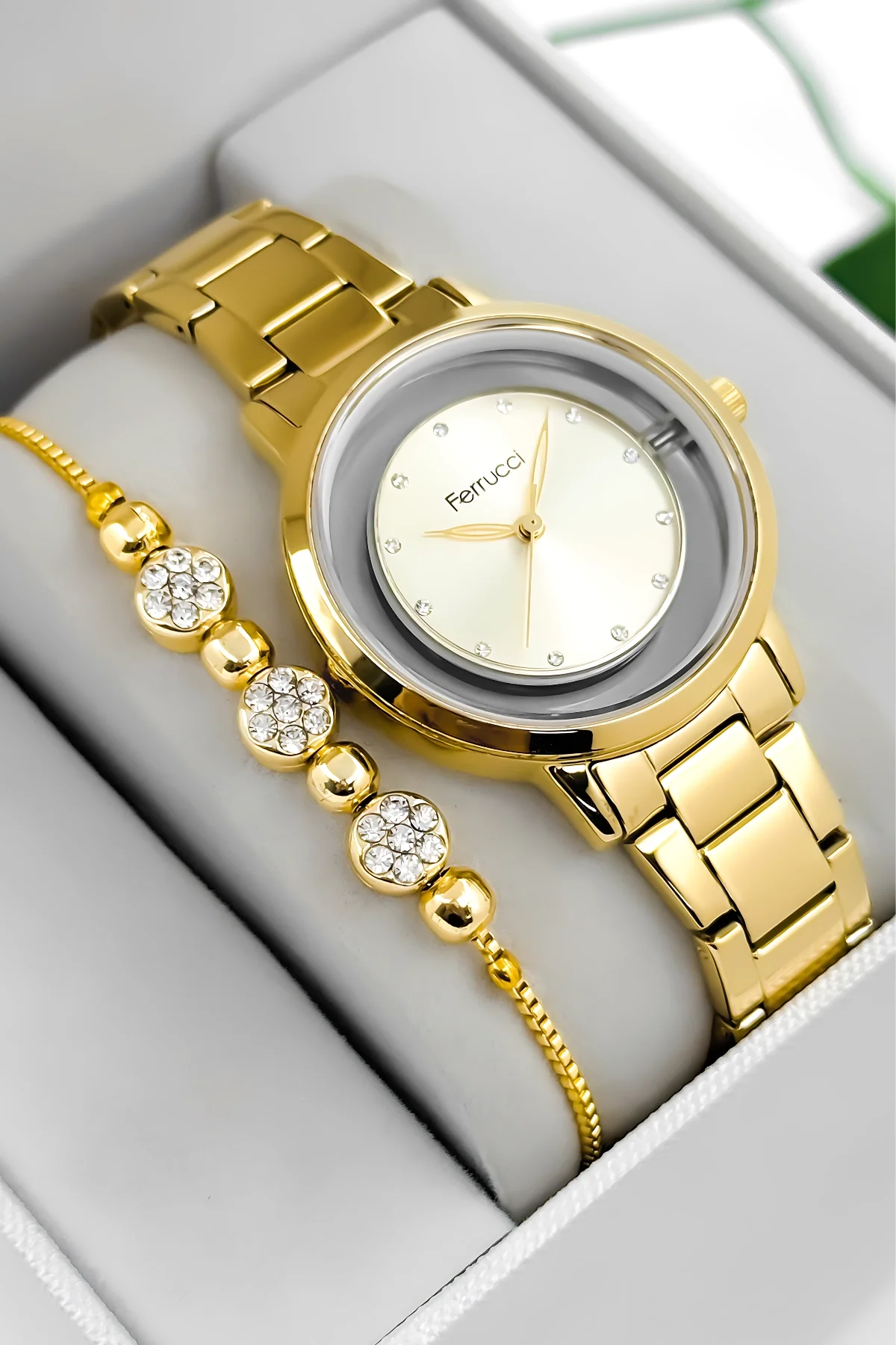 Ferrucci Çelik Kordon Çelik Kasa Kadın Kol Saati, Şeffaf Arka Cam Kapak Gold zmfer198