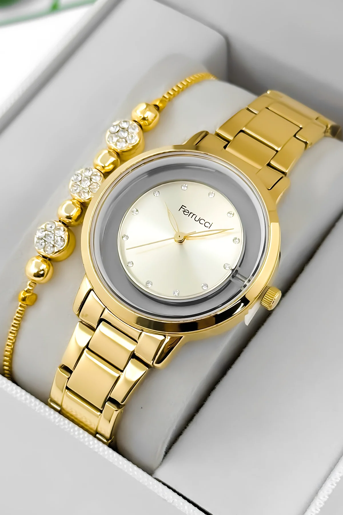 Ferrucci Çelik Kordon Çelik Kasa Kadın Kol Saati, Şeffaf Arka Cam Kapak Gold zmfer198