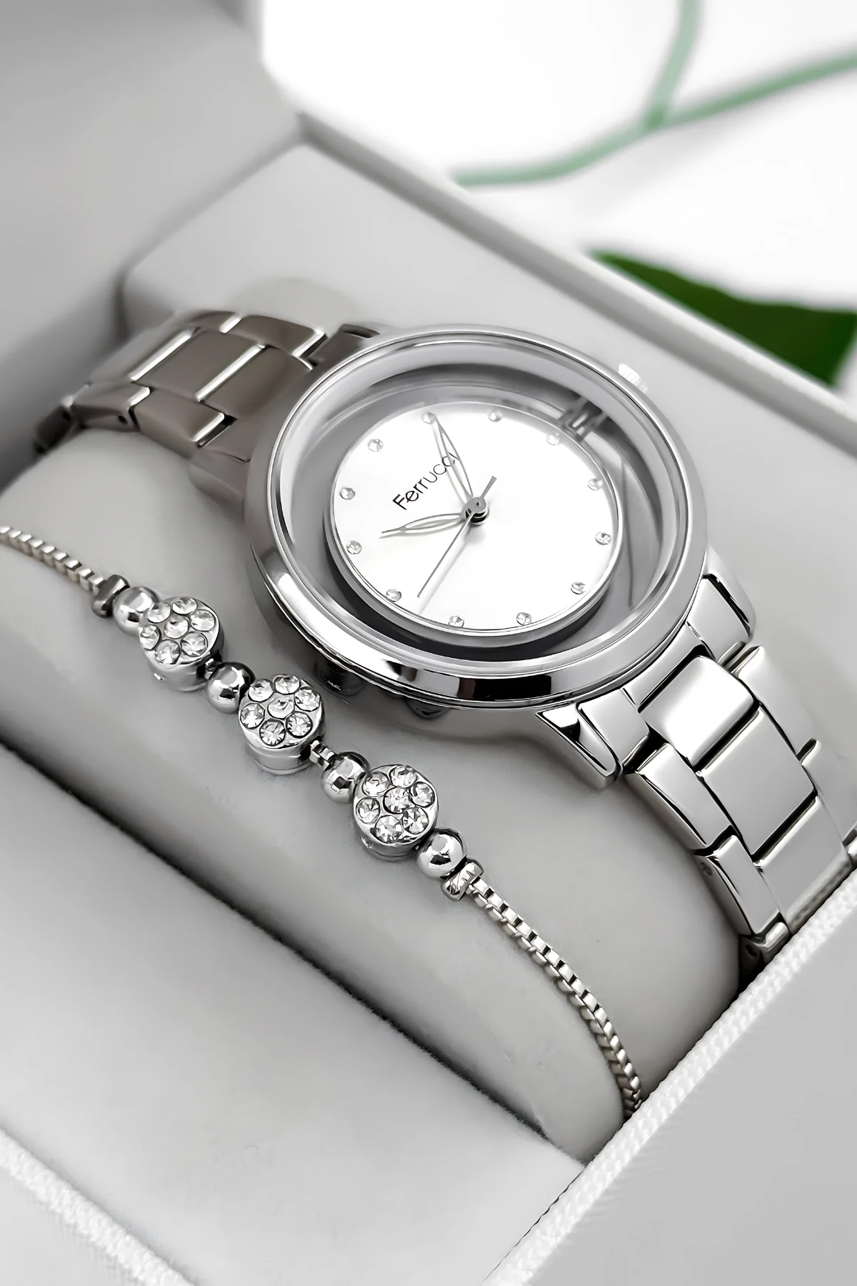 Ferrucci Çelik Kordon Çelik Kasa Kadın Kol Saati, Şeffaf Arka Cam Kapak Gümüş zmfer198