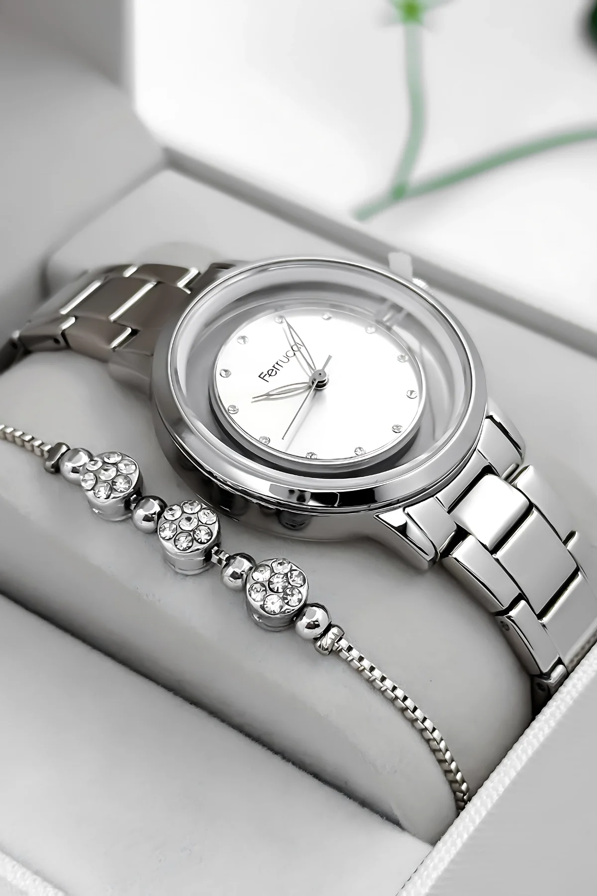 Ferrucci Çelik Kordon Çelik Kasa Kadın Kol Saati, Şeffaf Arka Cam Kapak Gümüş zmfer198