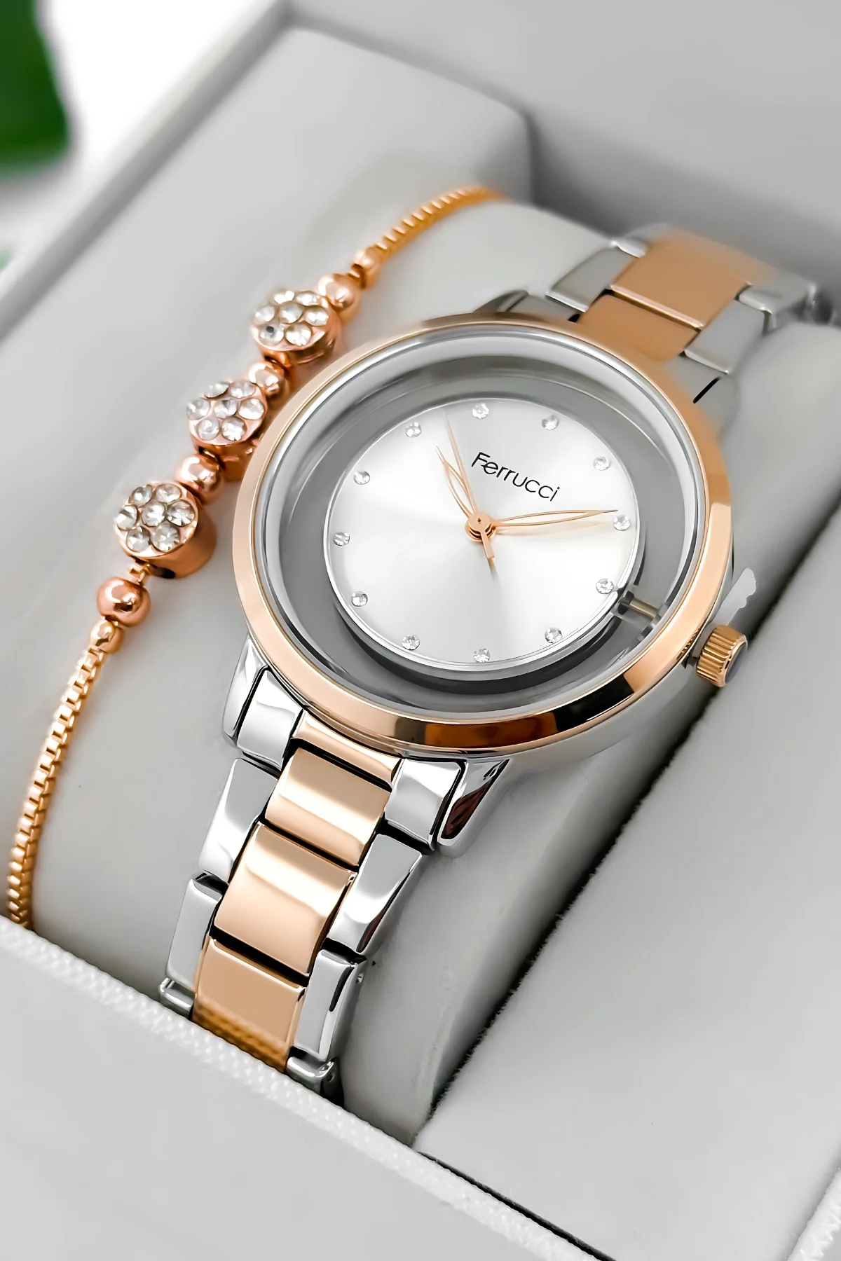 Ferrucci Çelik Kordon Çelik Kasa Kadın Kol Saati, Şeffaf Arka Cam Kapak Rose-Gümüş zmfer198