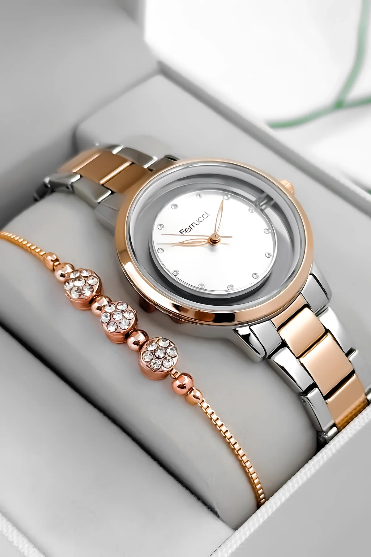 Ferrucci Çelik Kordon Çelik Kasa Kadın Kol Saati, Şeffaf Arka Cam Kapak Rose-Gümüş zmfer198
