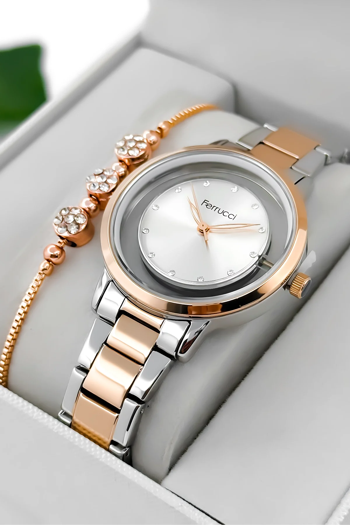 Ferrucci Çelik Kordon Çelik Kasa Kadın Kol Saati, Şeffaf Arka Cam Kapak Rose-Gümüş zmfer198
