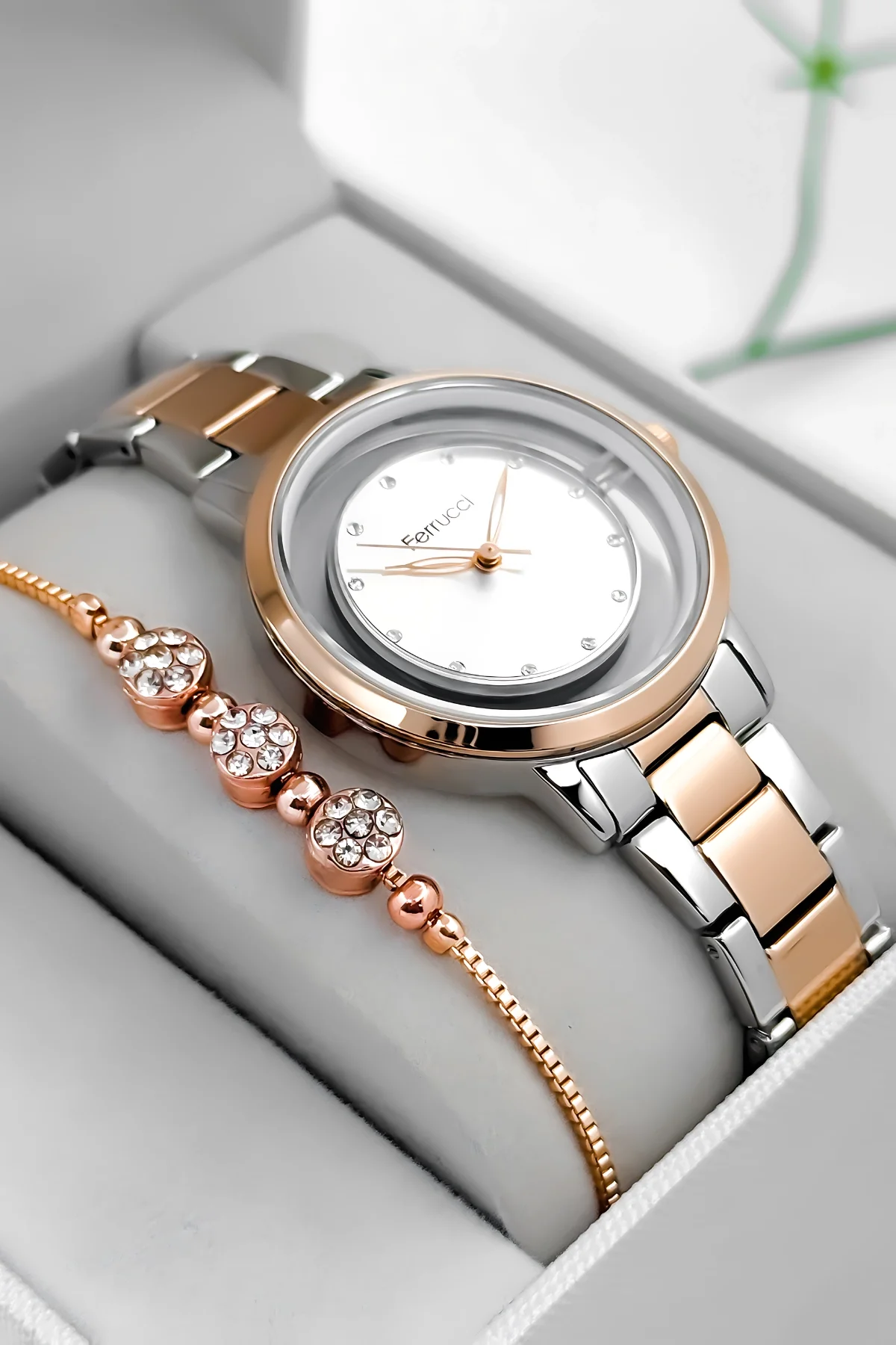 Ferrucci Çelik Kordon Çelik Kasa Kadın Kol Saati, Şeffaf Arka Cam Kapak Rose-Gümüş zmfer198