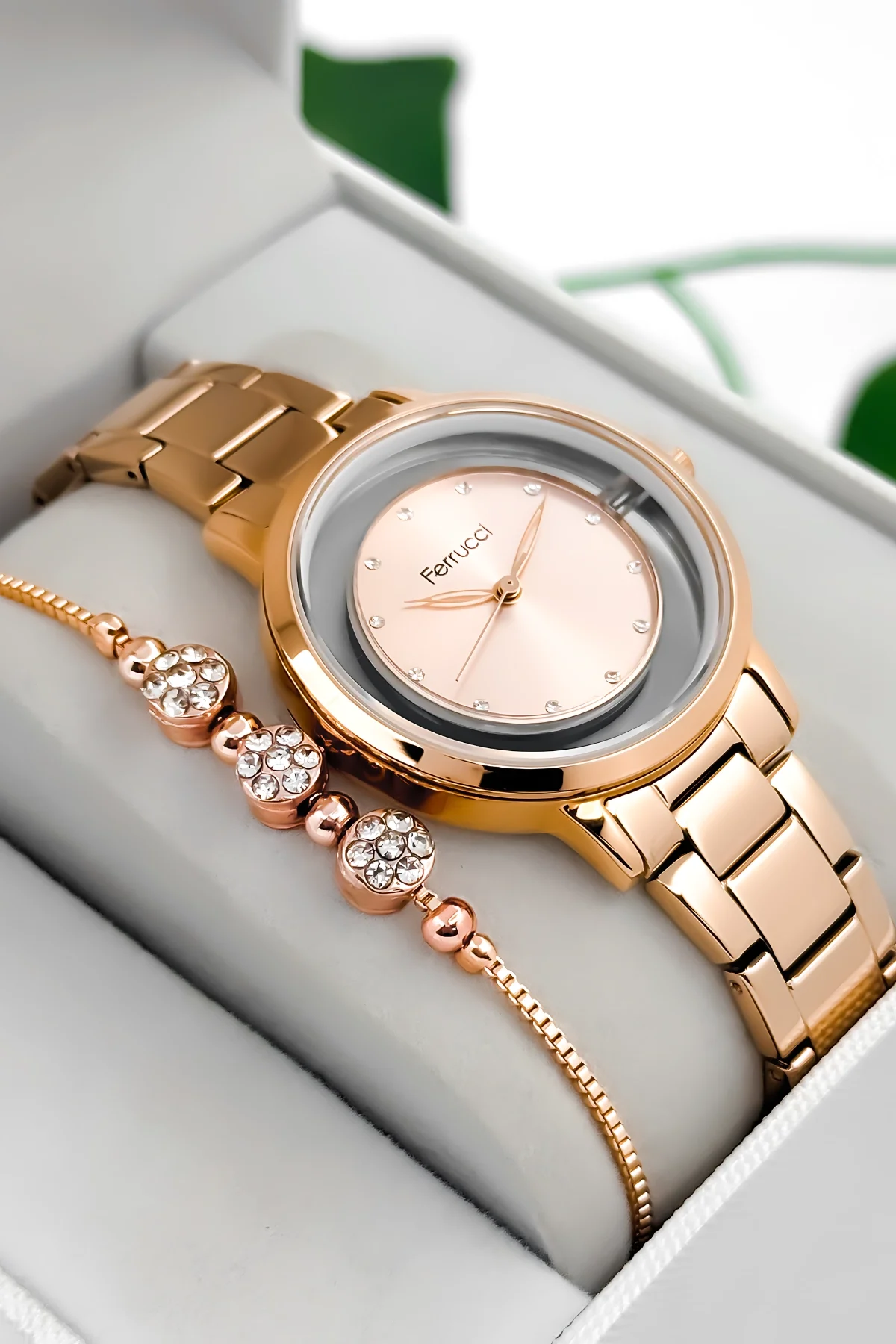 Ferrucci Çelik Kordon Çelik Kasa Kadın Kol Saati, Şeffaf Arka Cam Kapak Rose zmfer198